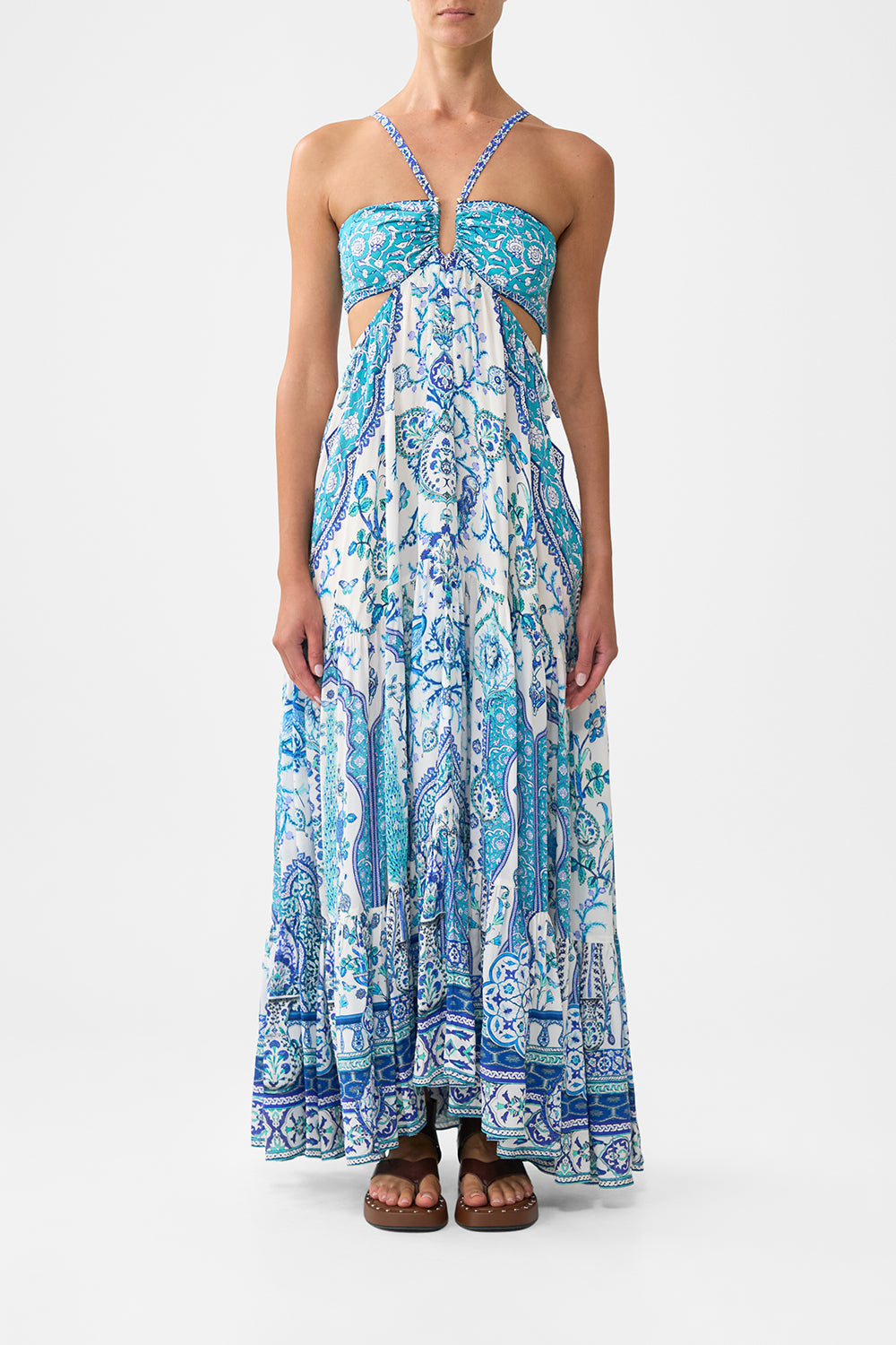The CAMILLA GATHER NECK HARDWARE MAXI DRESS FOOTSTEPS IN FOLKLORE in our  print.