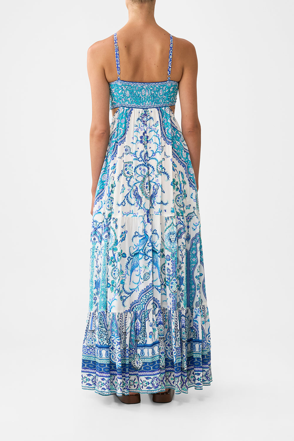The CAMILLA GATHER NECK HARDWARE MAXI DRESS FOOTSTEPS IN FOLKLORE in our  print.