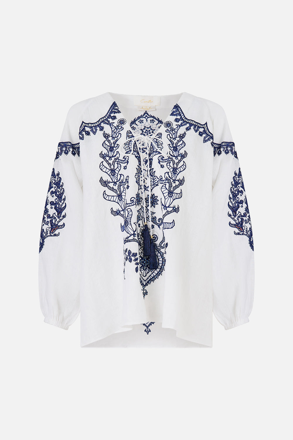 The CAMILLA lace up blouse from our print Isnik lullaby, front product view