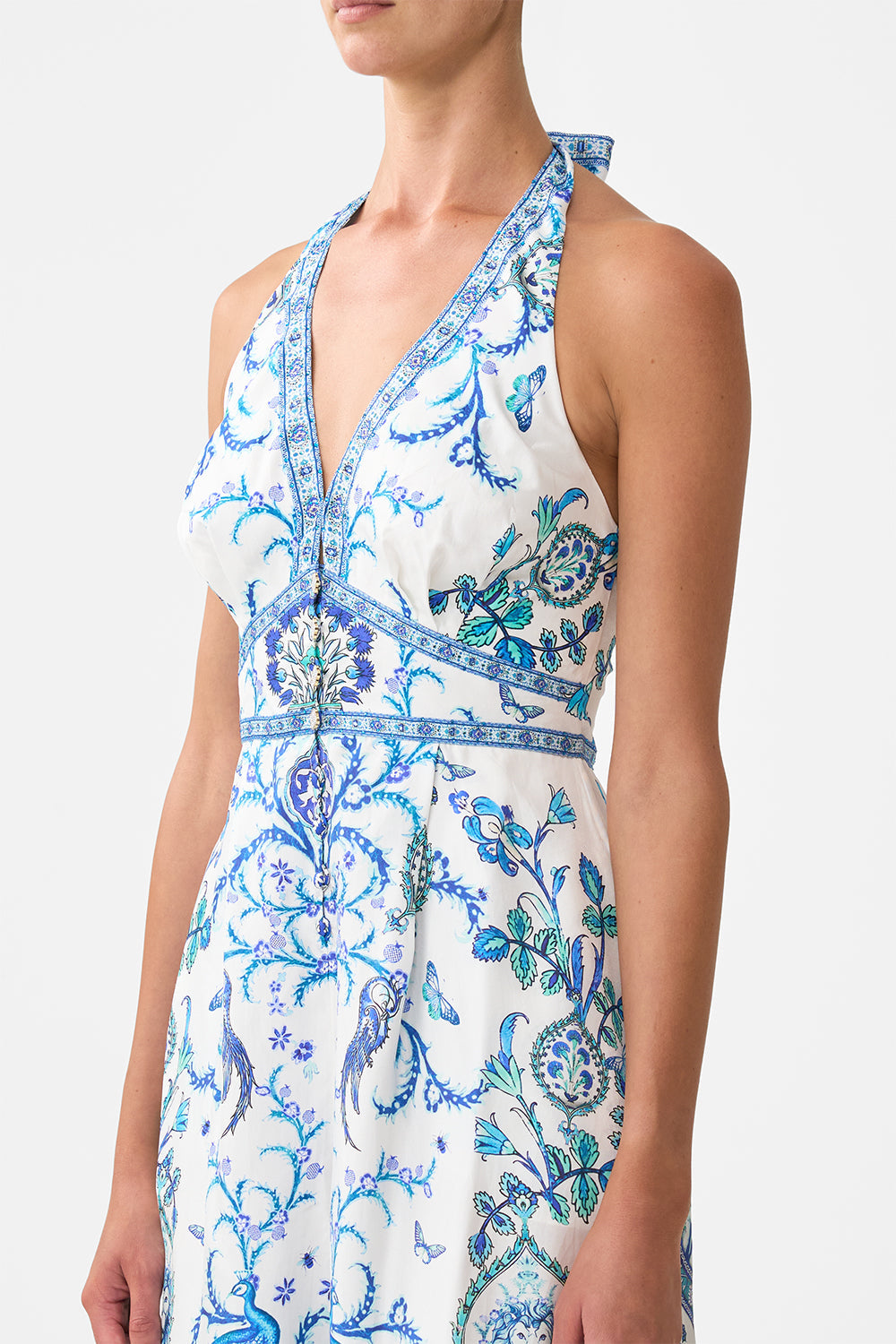 The CAMILLA BUTTON THROUGH SCARF BLOUSE FOOTSTEPS IN FOLKLORE in our  print.