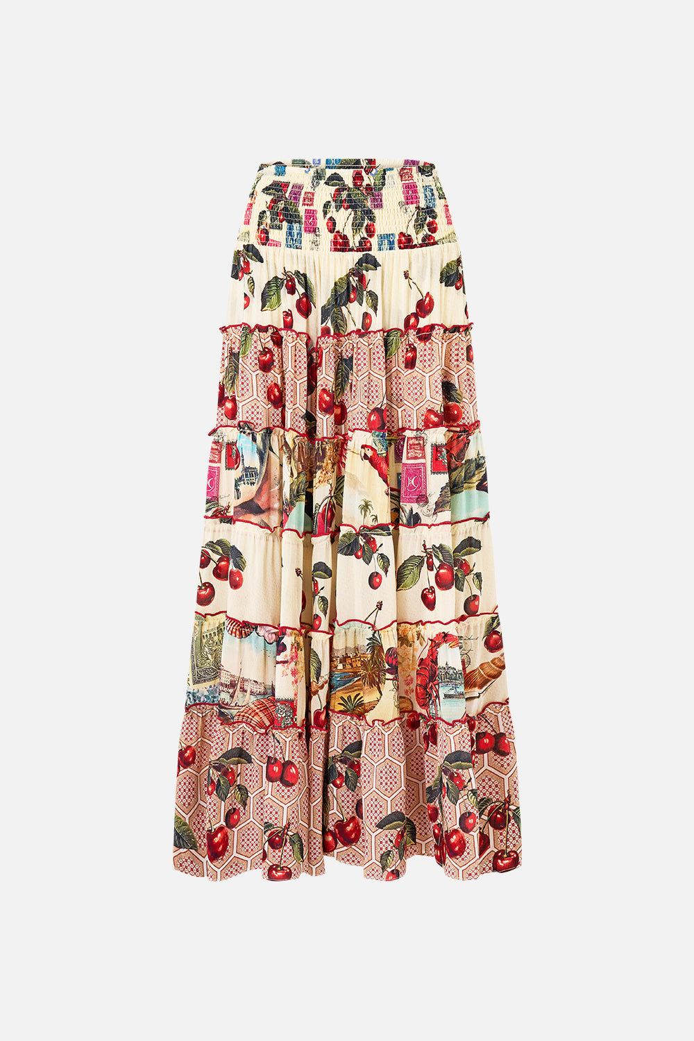 The CAMILLA TIE NECK HALTER JUMPSUIT A CERAMIC GARDEN in our  print.