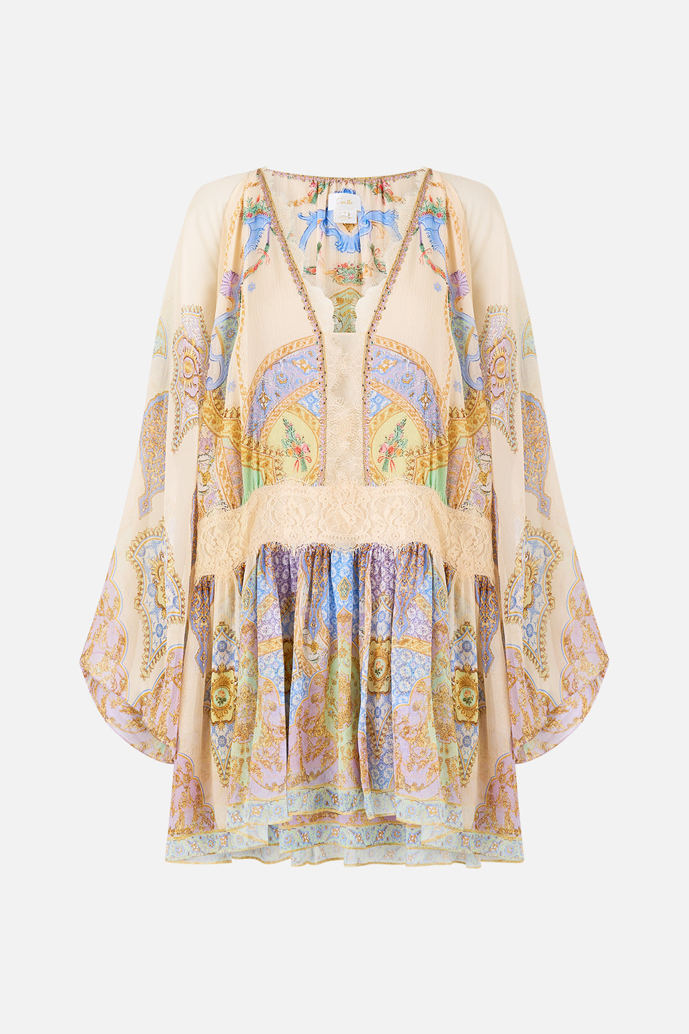 The CAMILLA WAISTED DRESS WITH HEM RUFFLE COSMIC ZOOLOGY in our  print.
