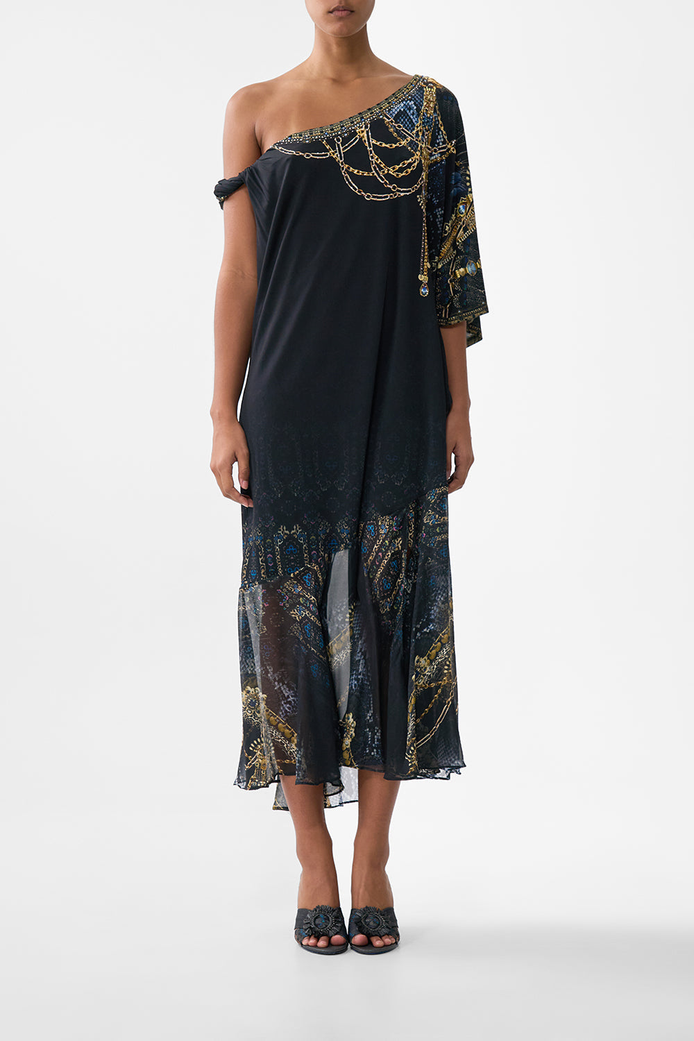 The CAMILLA PIERCED V NECK KAFTAN COSMIC ZOOLOGY in our  print.