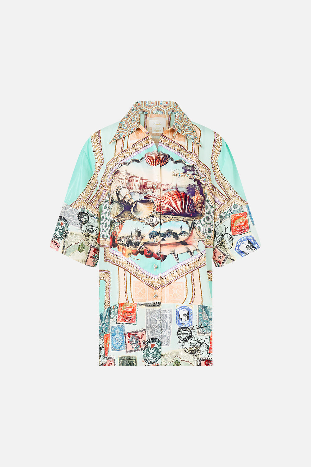 The CAMILLA PLUNGE NECK DRAPED SHOULDER DRESS THE IMPERIAL GATE in our  print.