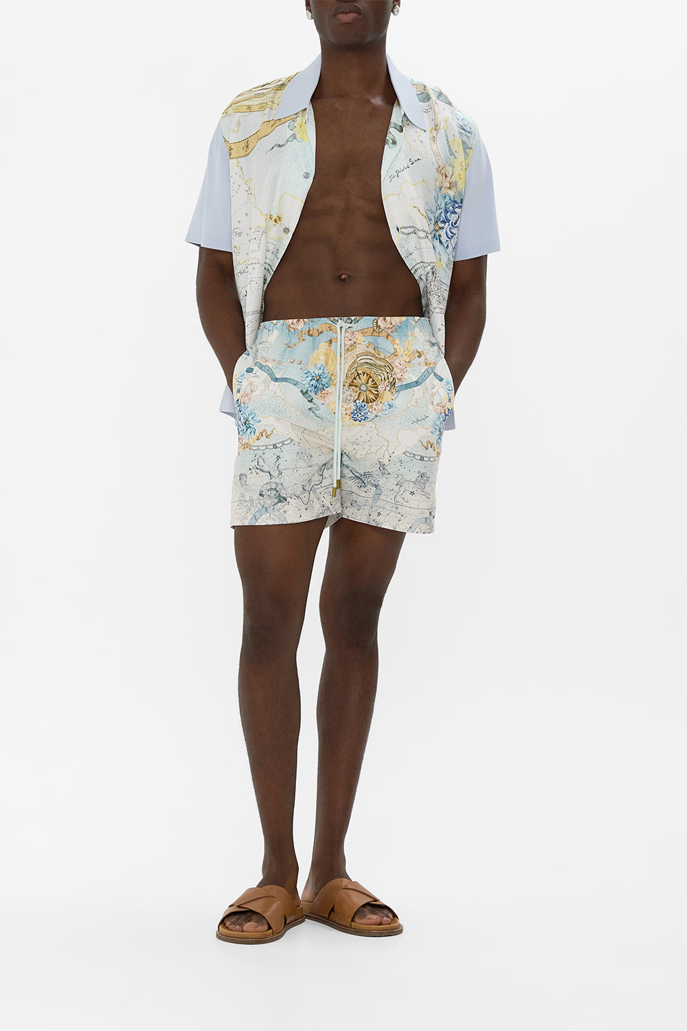 The CAMILLA PUFF SLEEVE MIDI SHIRT DRESS A CERAMIC GARDEN in our  print.