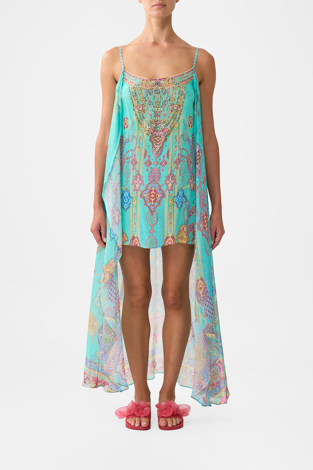 The CAMILLA WAIST TIE SHIRT DRESS WITH BUBBLE SLEEVE HIGH CLASS HOOKAH in our  print.