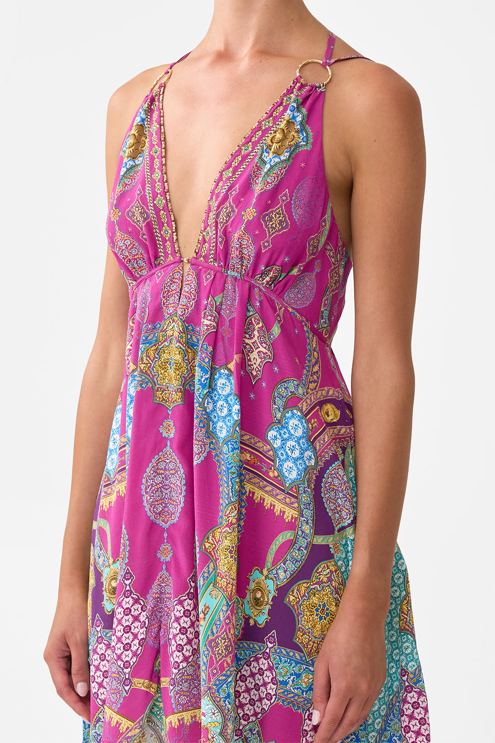 The CAMILLA LONG DRESS WITH TIE FRONT OTTOMAN DYNASTY in our  print.