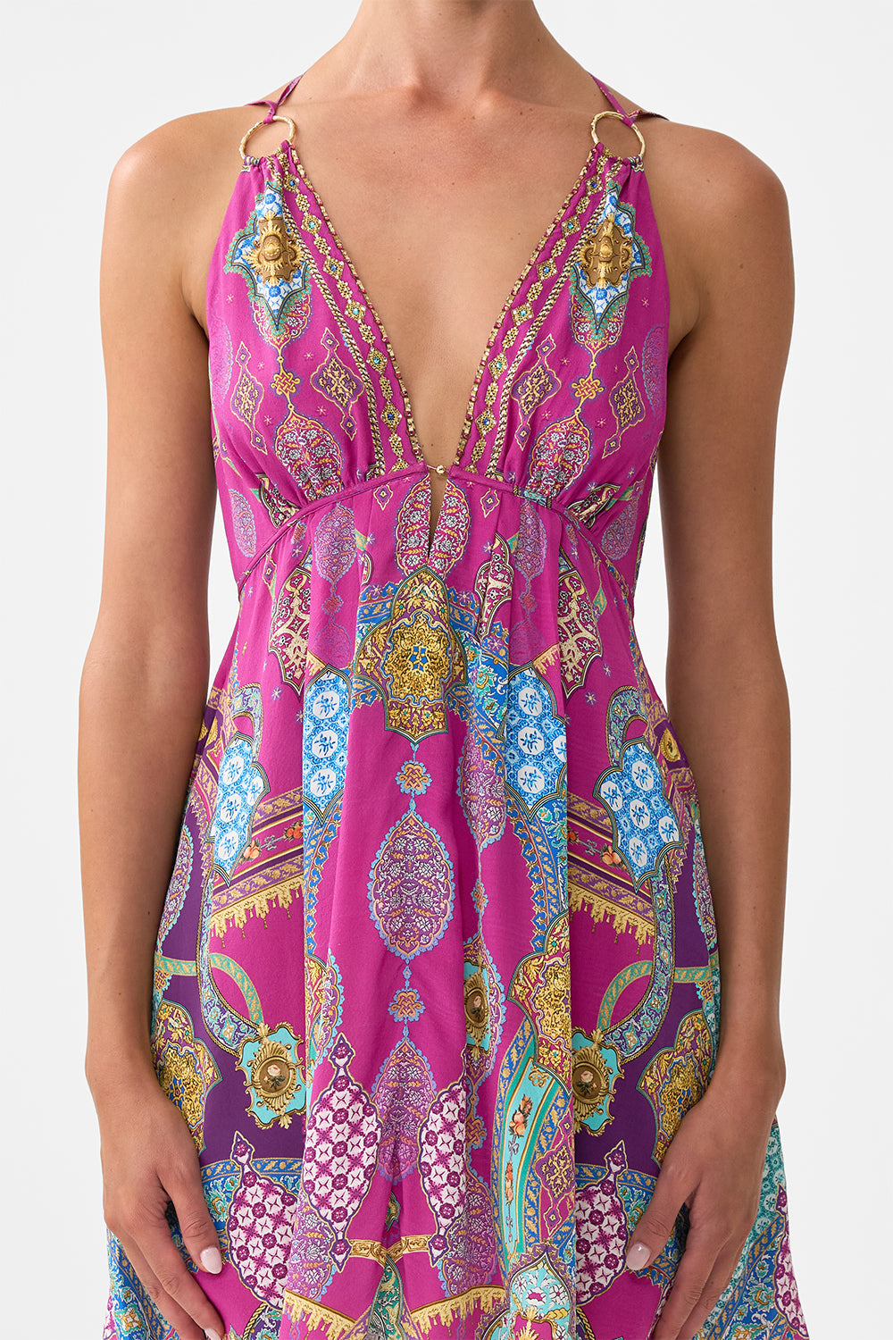 The CAMILLA LONG DRESS WITH TIE FRONT OTTOMAN DYNASTY in our  print.