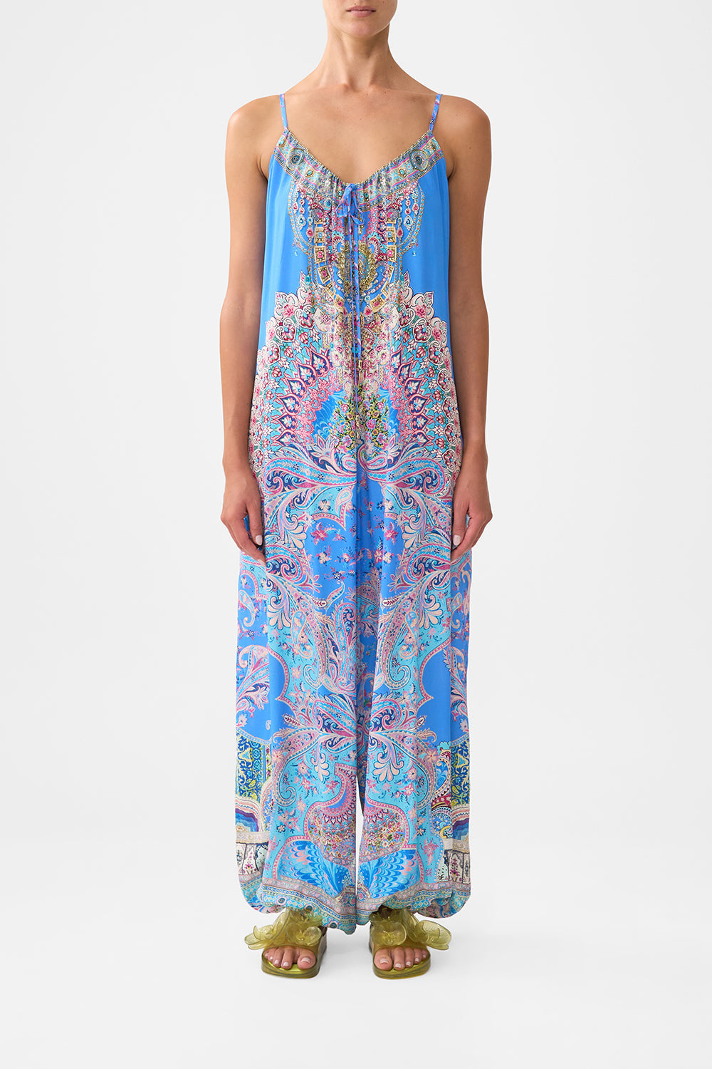 The CAMILLA FRONT PLEAT STRAPLESS JUMPSUIT NOTES FROM THE ROAD in our  print.