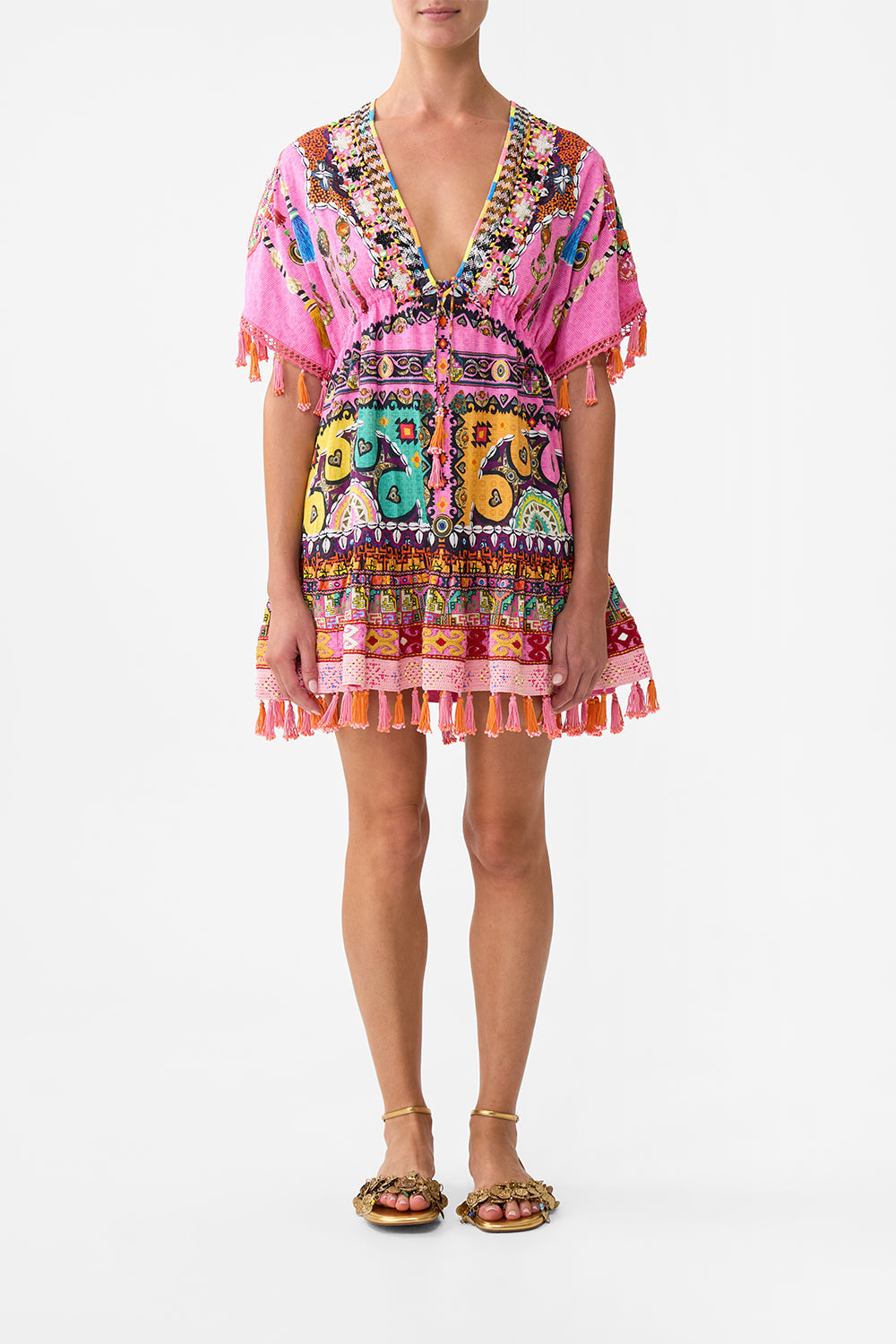 The CAMILLA short v neck embroidered dress from our print patchwork panorama