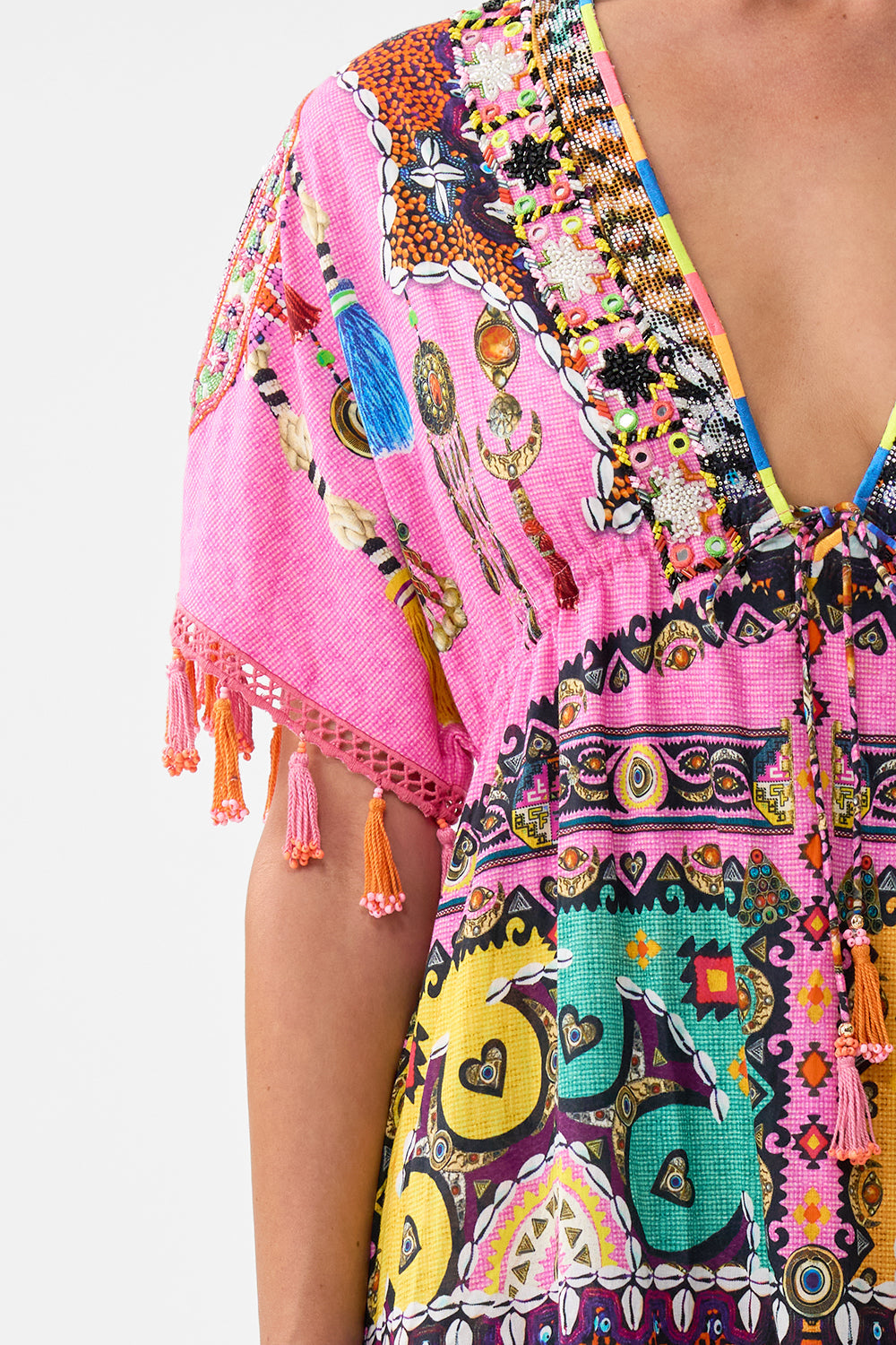 The CAMILLA MINI DRESS WITH LONG OVERLAY THE CONCUBINES CORRIDOR in our  print.