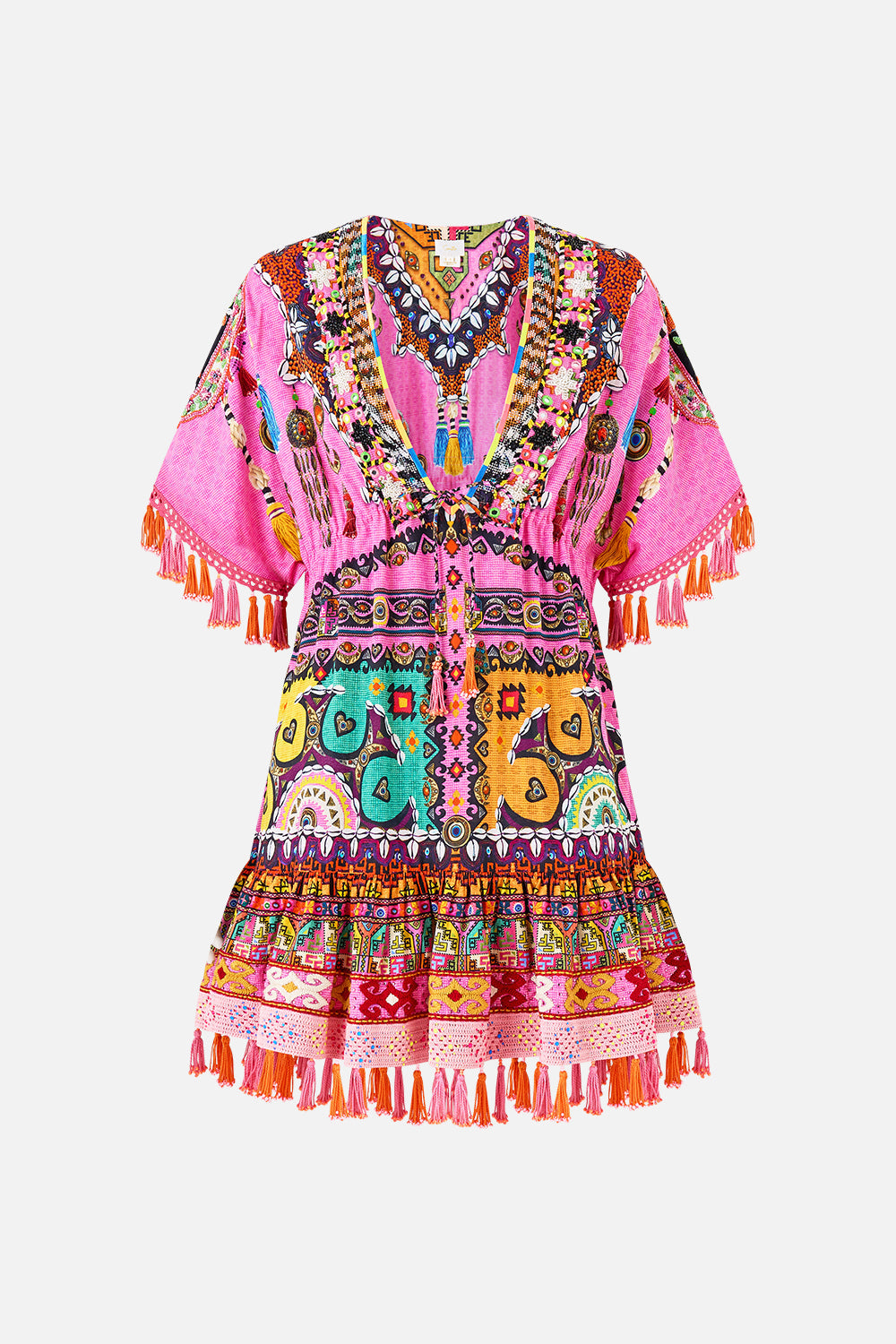 The CAMILLA MINI DRESS WITH LONG OVERLAY THE CONCUBINES CORRIDOR in our  print.