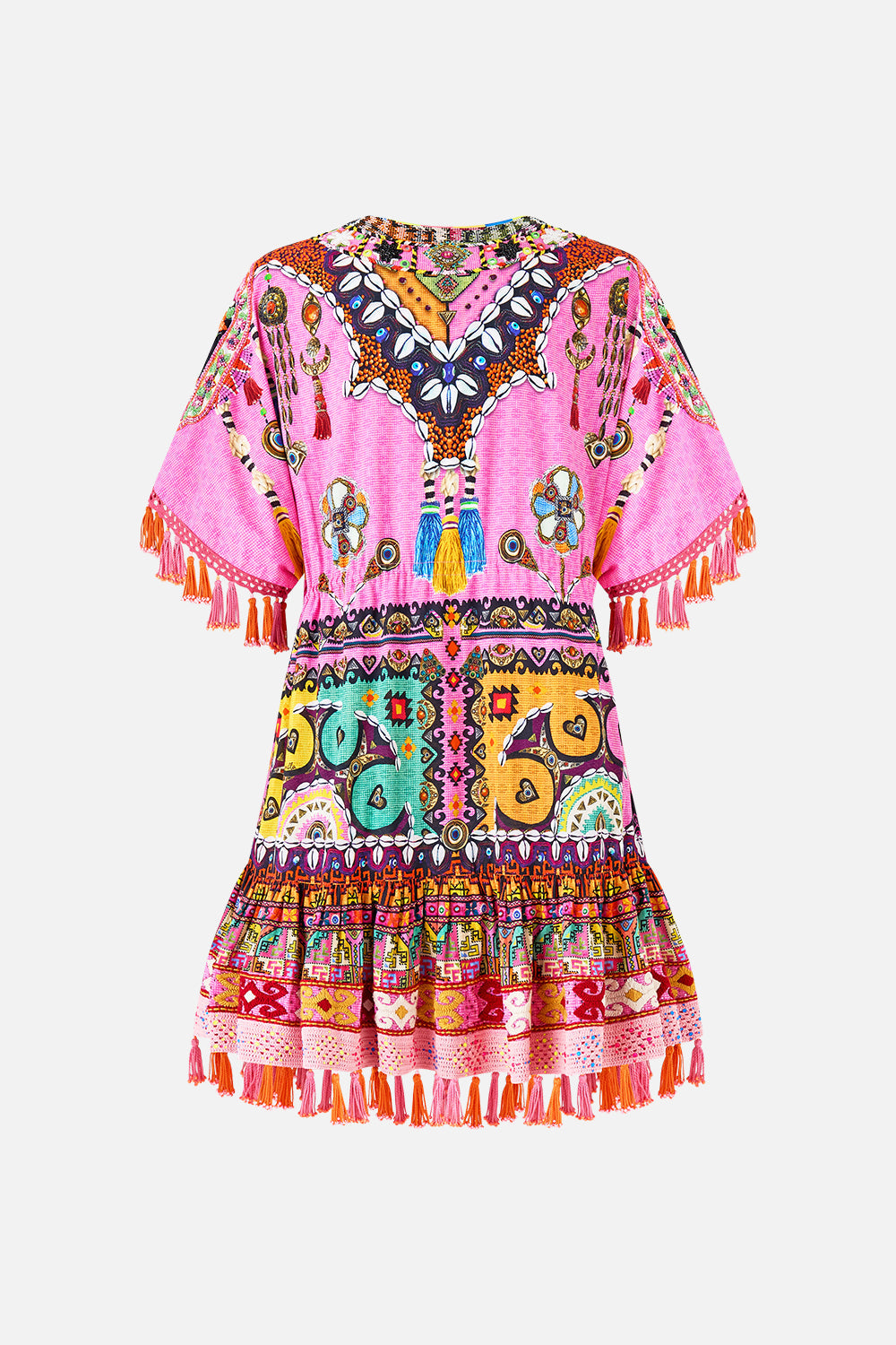 The CAMILLA short v neck embroidered dress from our print patchwork panorama, back product view