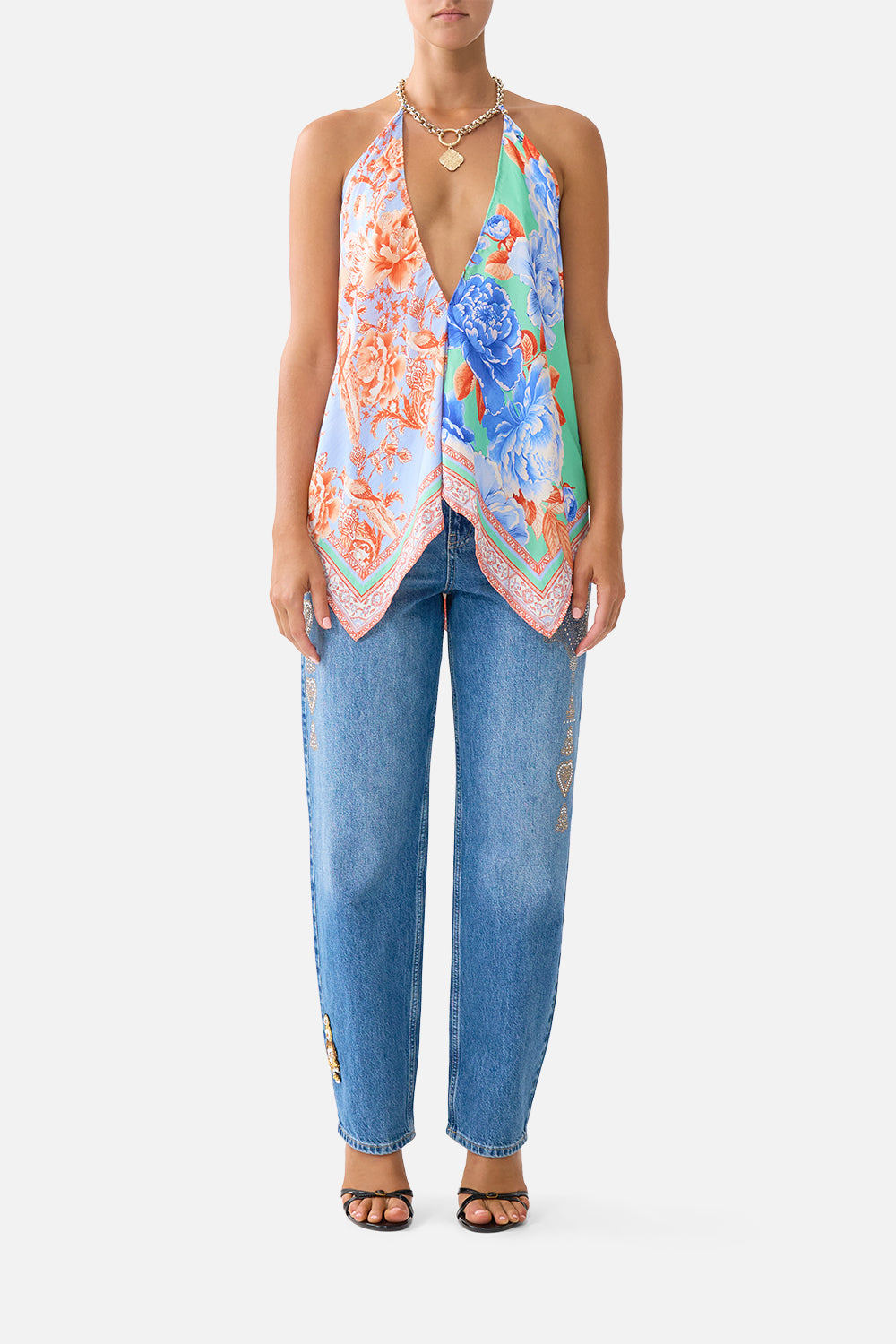 The CAMILLA DEEP V NECK HARDWARE SHORT KAFTAN COSMIC ZOOLOGY in our  print.