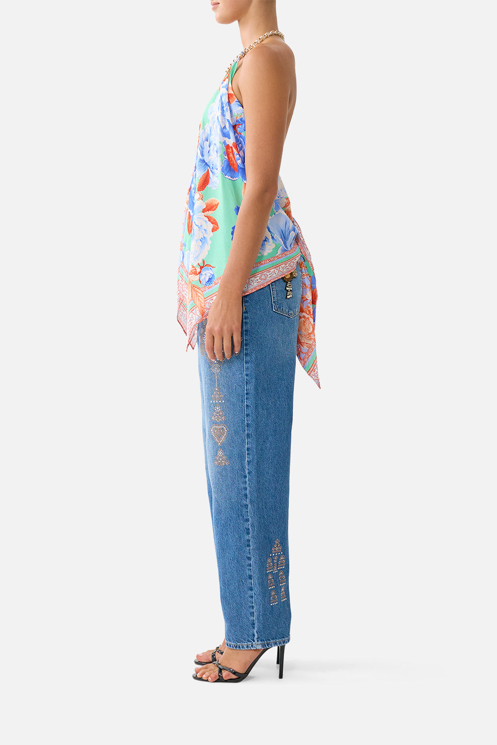 The CAMILLA DEEP V NECK HARDWARE SHORT KAFTAN COSMIC ZOOLOGY in our  print.