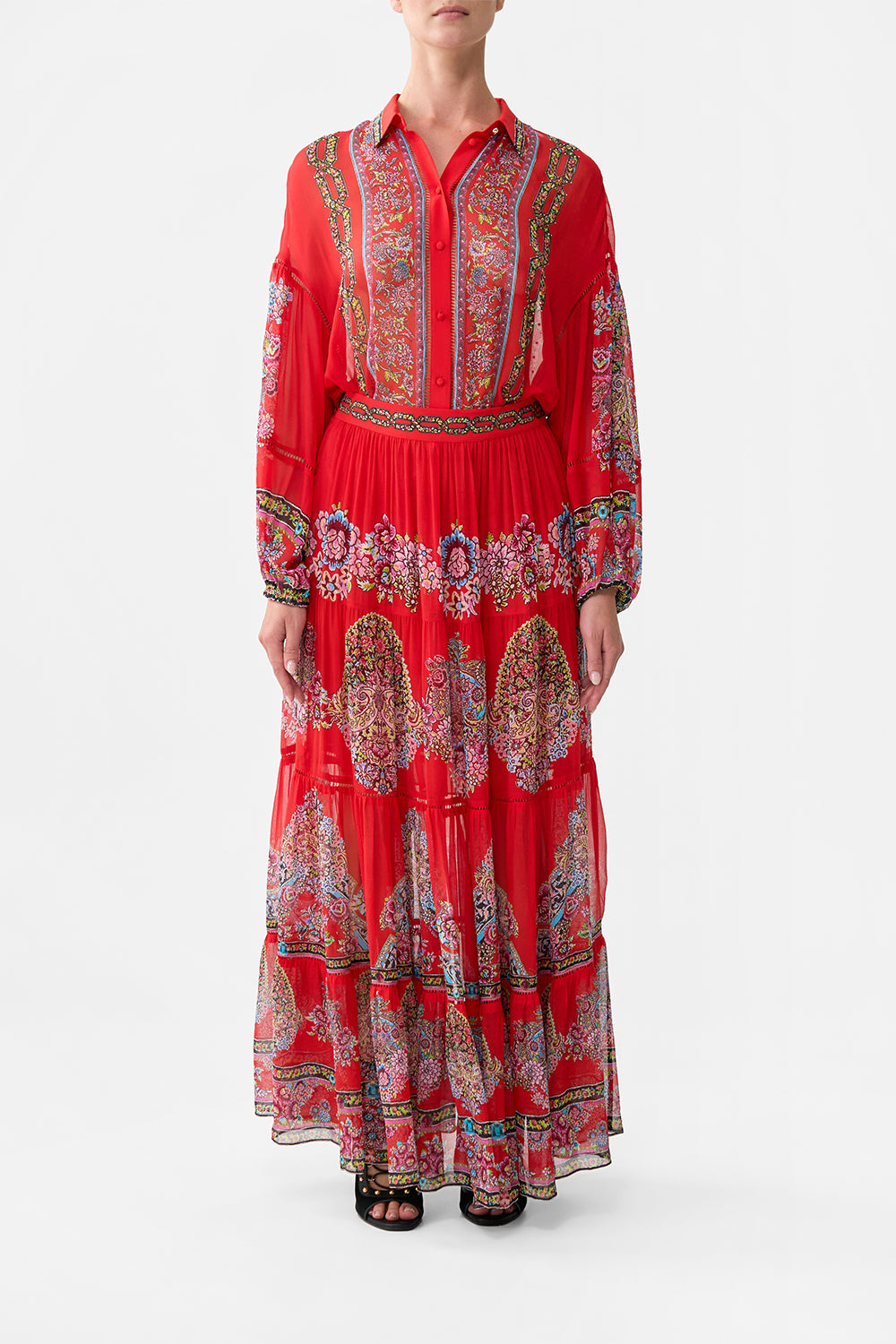 The CAMILLA NECK CHARM SHIRRED WAIST LONG DRESS LADY LIONHEART in our  print.