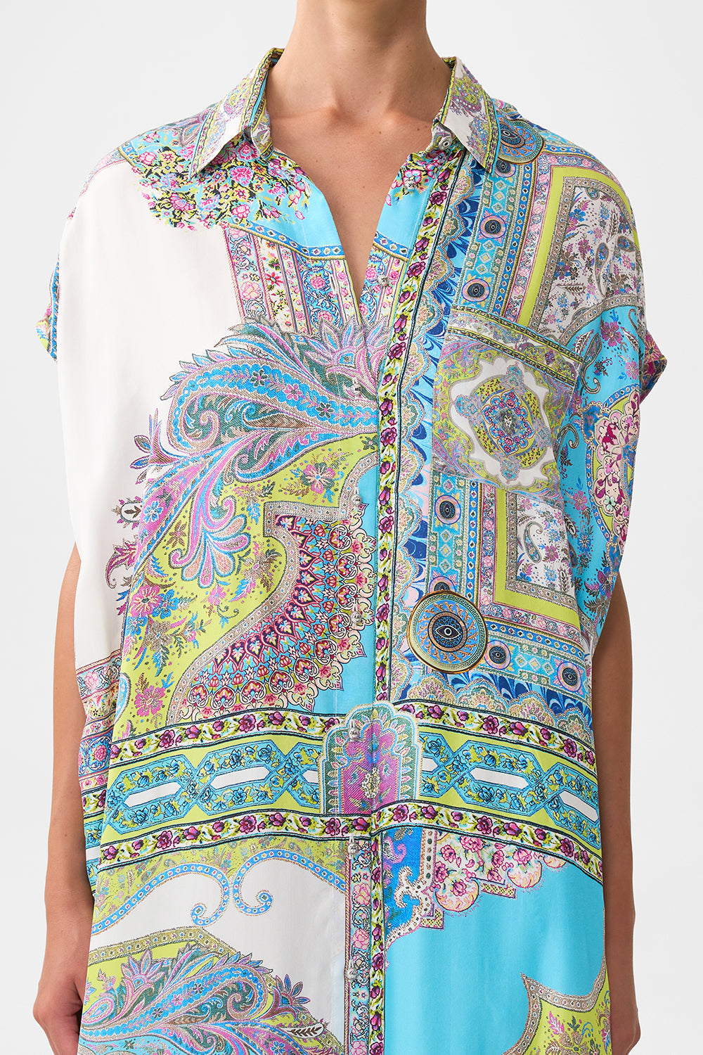 The CAMILLA LONG ROBE WITH TIE MY LUCKY STARS in our  print.