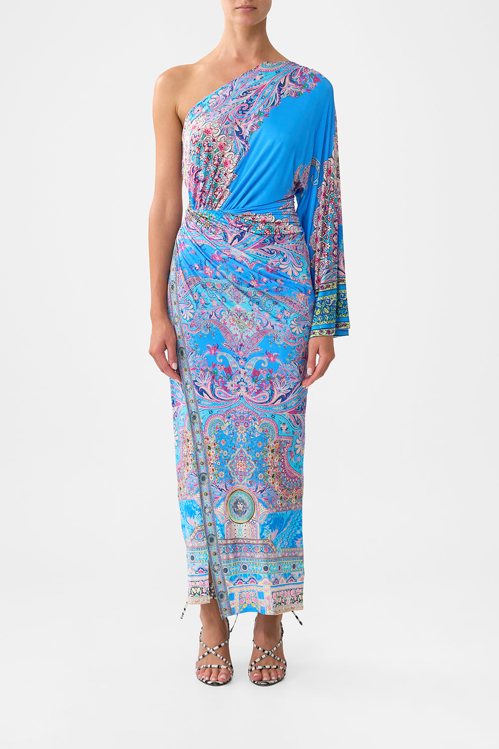 The CAMILLA LONG OFF SHOULDER FRILL DRESS WITH STRAPS TALES OF TOPKAPI PALACE in our  print.