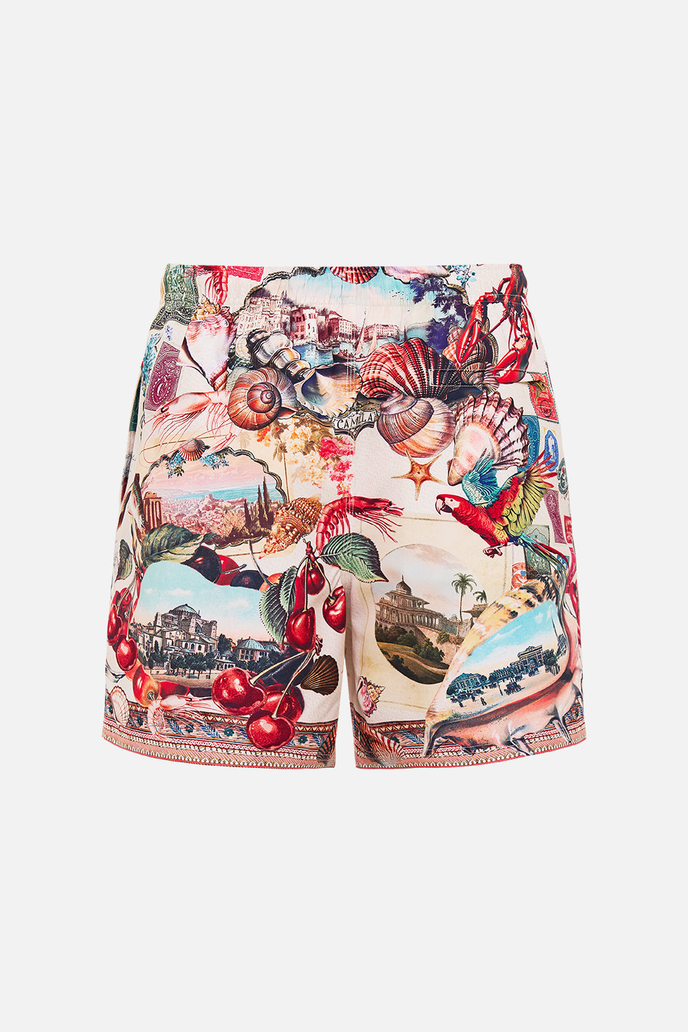 The CAMILLA mid length boardshort with elastic waist from our print notes from the road, back product view