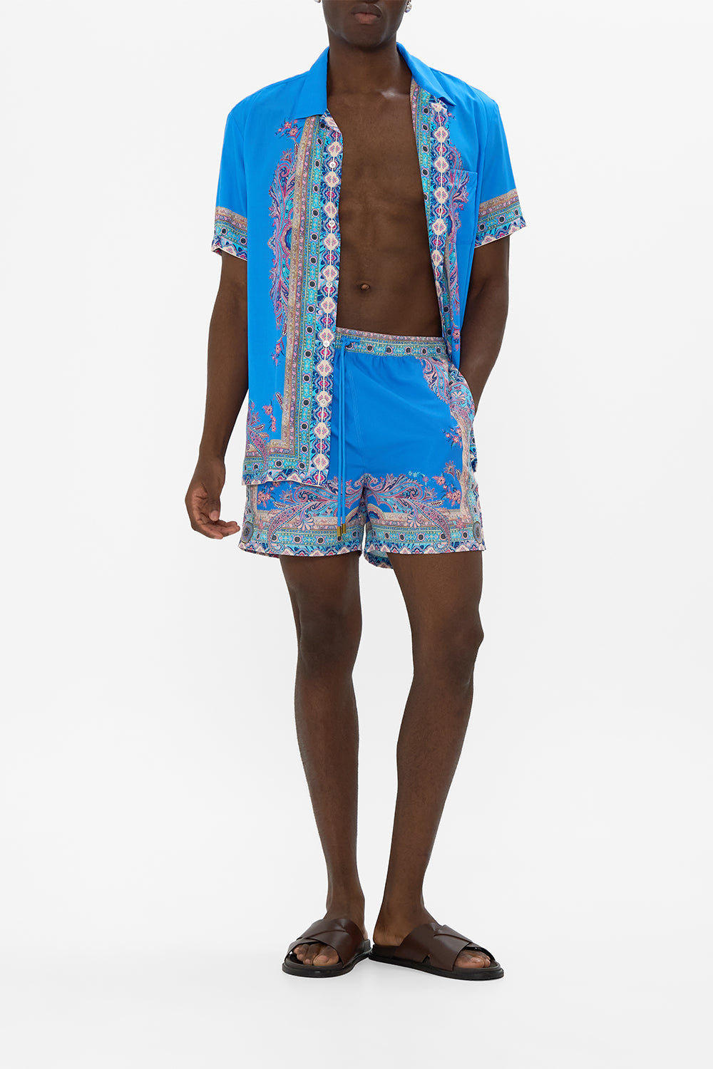The CAMILLA MID LENGTH BOARDSHORT WITH ELASTIC WAIST POSTCARDS & PALM TREES in our  print.