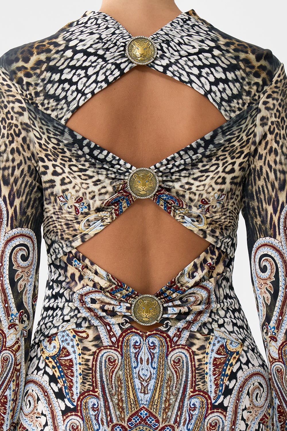 The CAMILLA CROPPED BLOUSON SLEEVE TIE FRONT TOP OTTOMAN DYNASTY in our  print.