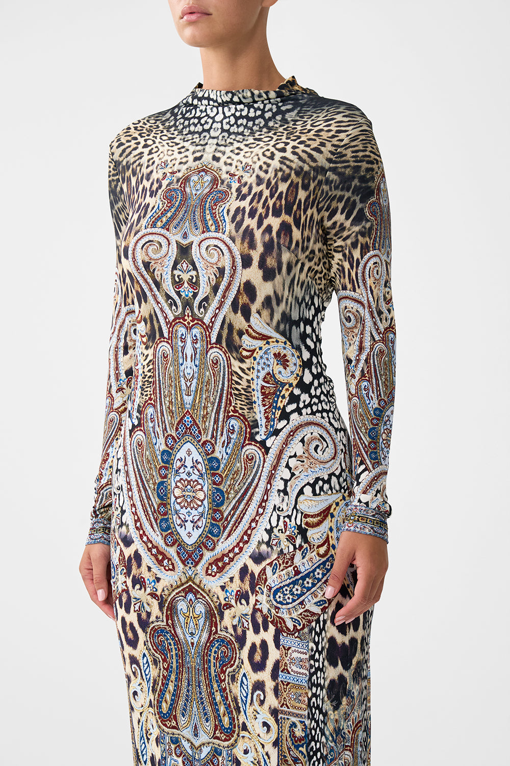 The CAMILLA CROPPED BLOUSON SLEEVE TIE FRONT TOP OTTOMAN DYNASTY in our  print.