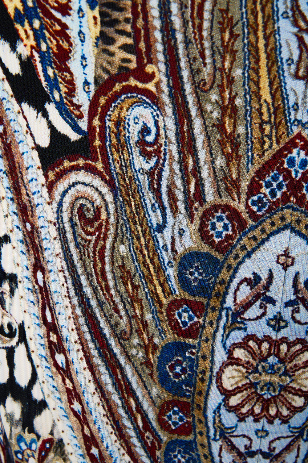 The CAMILLA CROPPED BLOUSON SLEEVE TIE FRONT TOP OTTOMAN DYNASTY in our  print.
