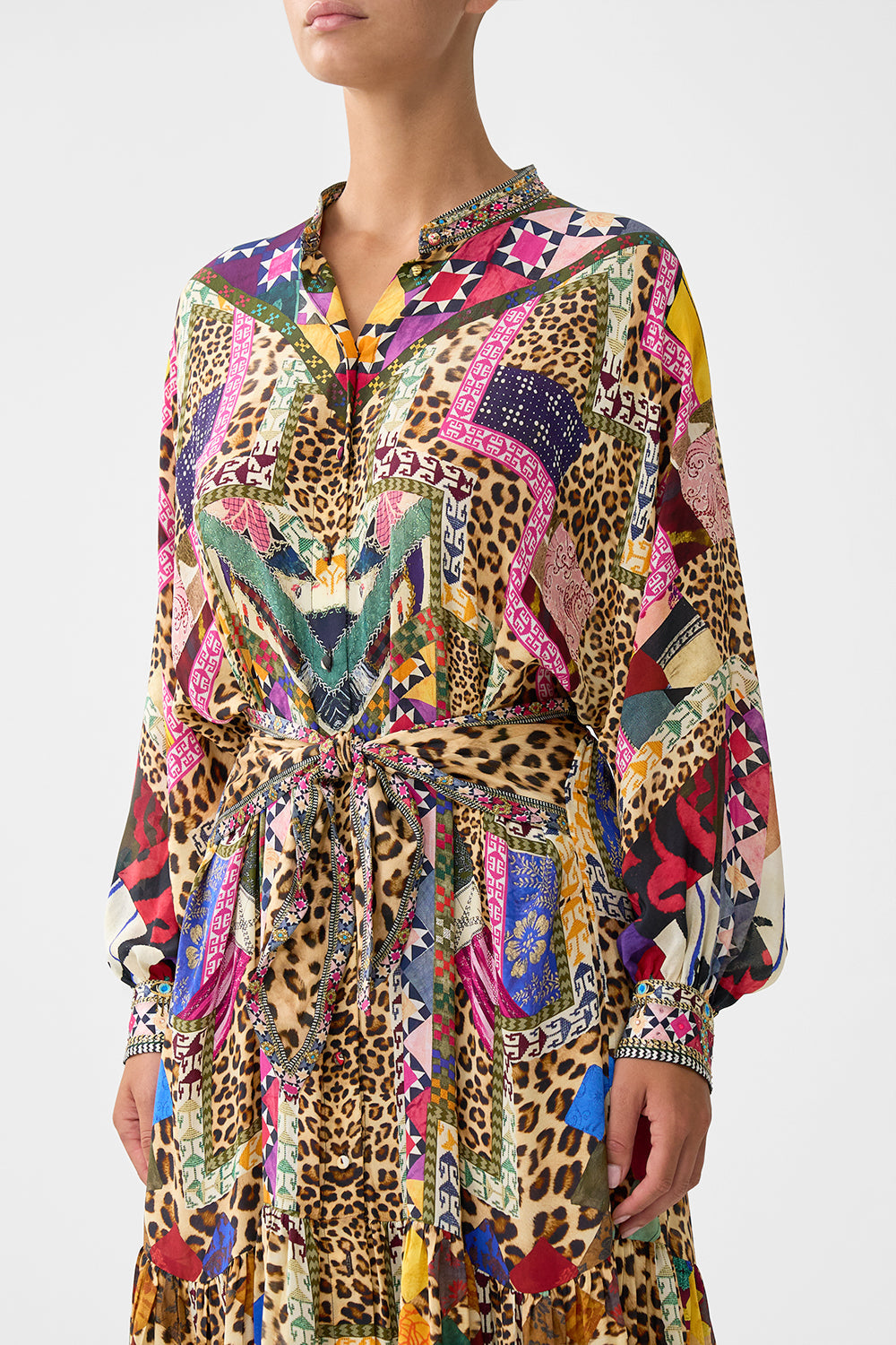 TIERED SHIRTDRESS WITH WIDE WAIST TIE EMBROIDERED EVER AFTER