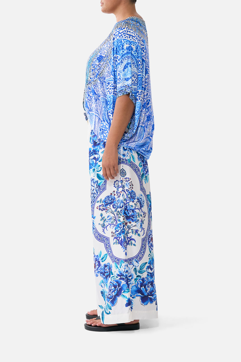 The CAMILLA LACE UP FRONT BLOUSON SLEEVE BLOUSE FABRIC OF TIME in our  print.