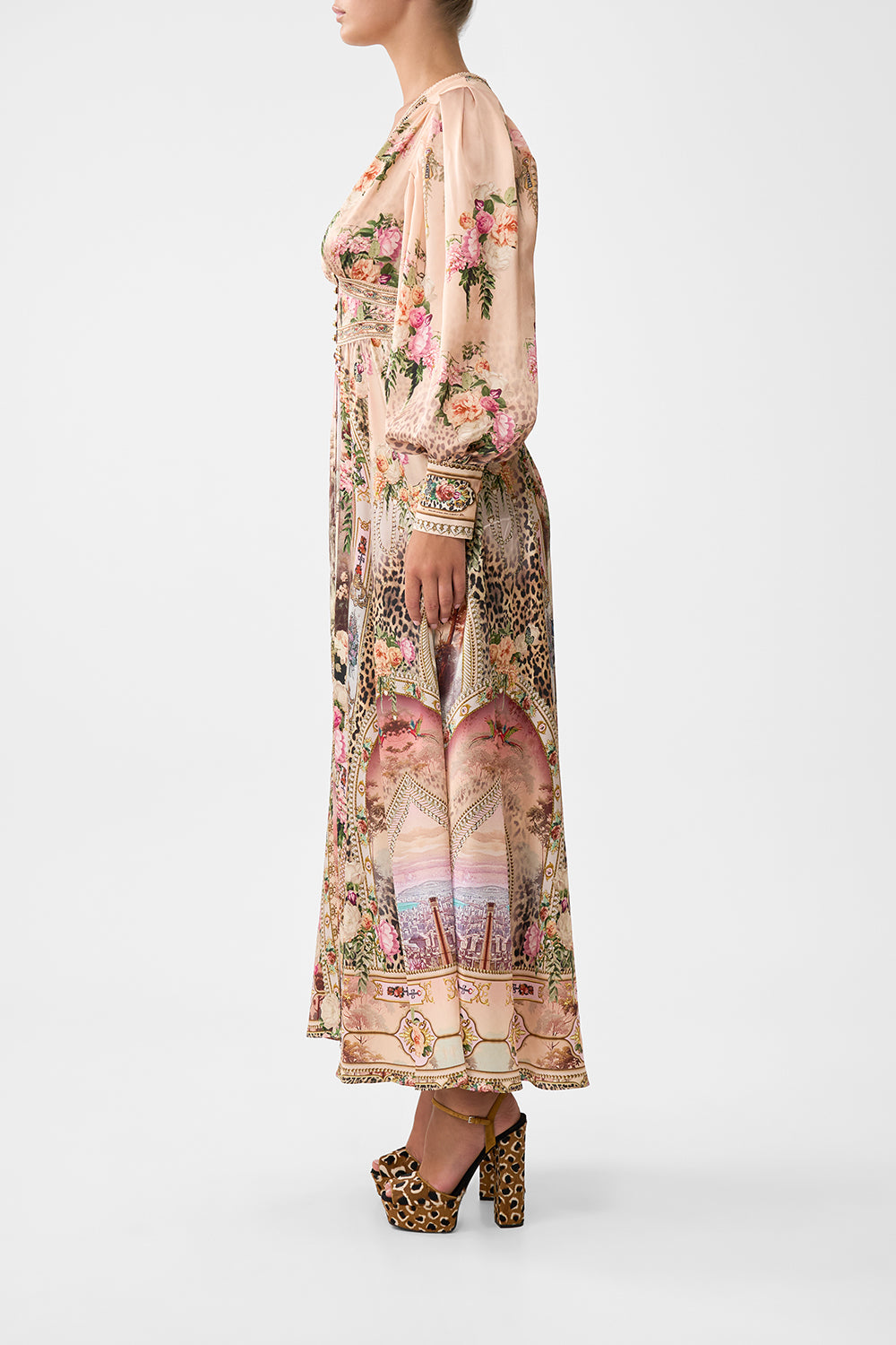 SHAPED WAISTBAND DRESS WITH GATHERED SLEEVES WATERCOLOUR WONDERLAND