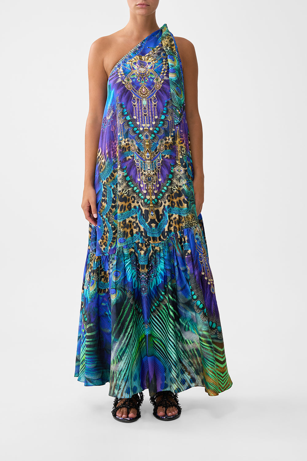 The CAMILLA A-LINE GATHERED PANEL DRESS FELINE FOLKLORE in our FELINE FOLKLORE print.