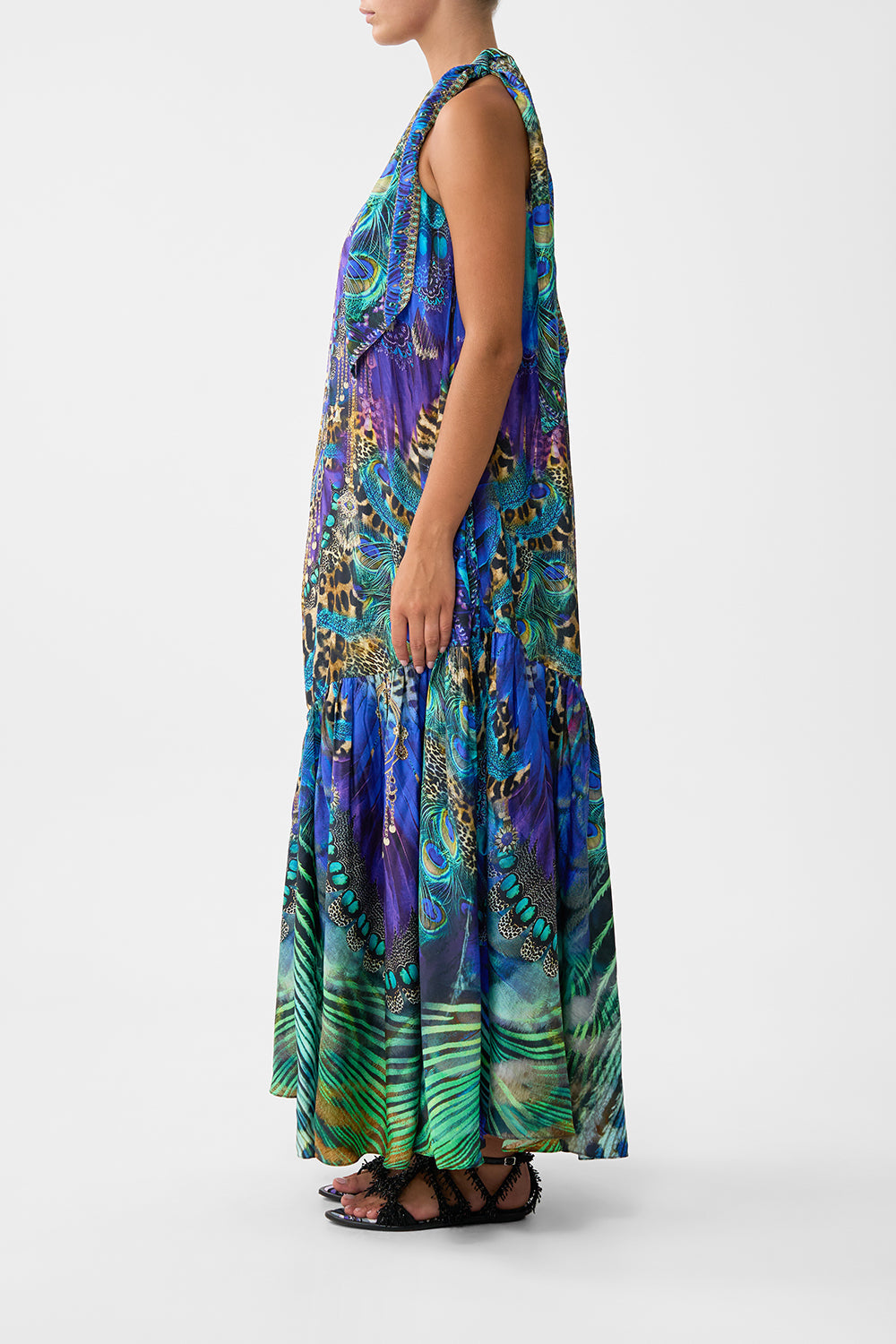 The CAMILLA A-LINE GATHERED PANEL DRESS FELINE FOLKLORE in our  print.