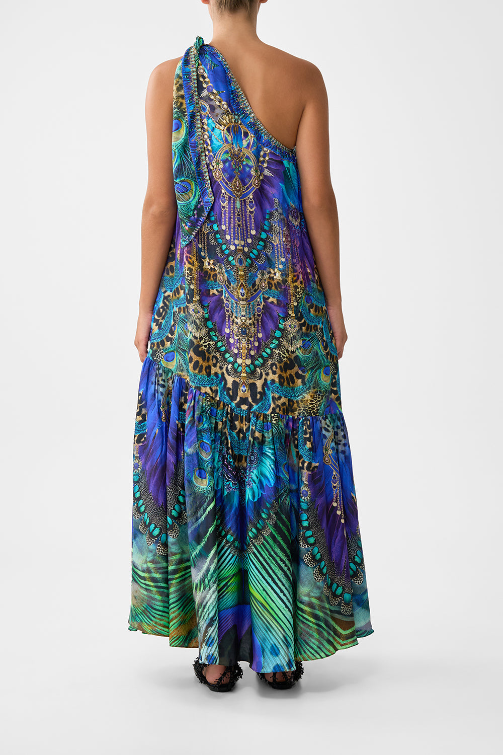 The CAMILLA A-LINE GATHERED PANEL DRESS FELINE FOLKLORE in our  print.