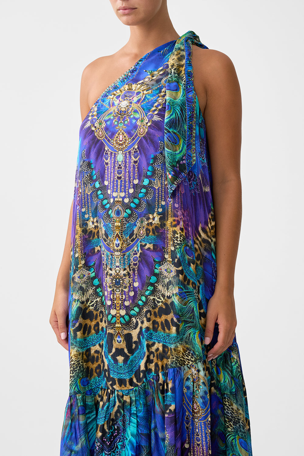 The CAMILLA A-LINE GATHERED PANEL DRESS FELINE FOLKLORE in our  print.