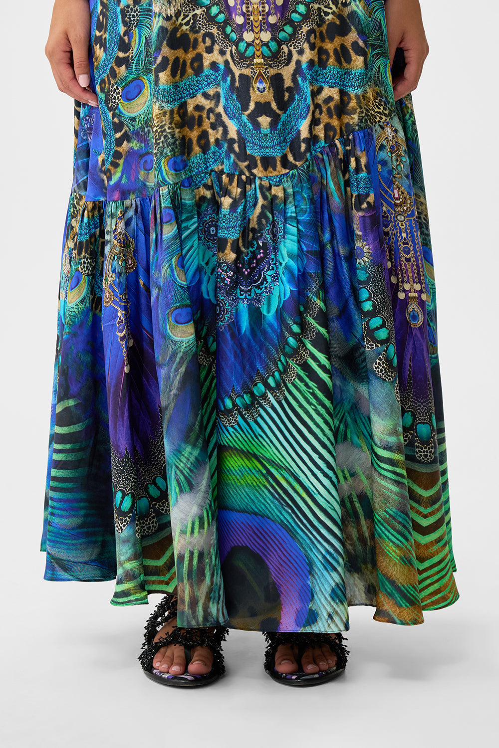 The CAMILLA A-LINE GATHERED PANEL DRESS FELINE FOLKLORE in our  print.