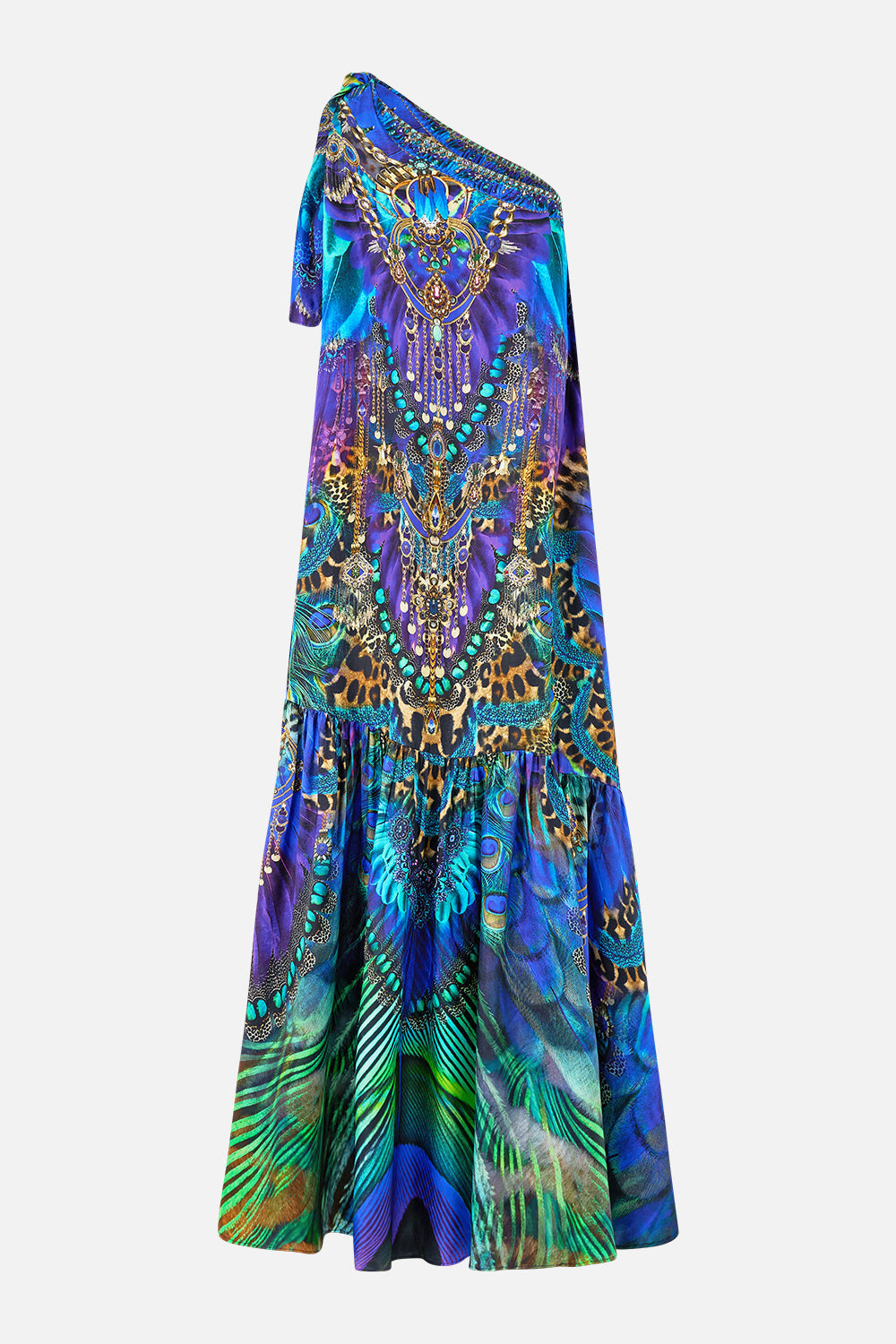The CAMILLA A-LINE GATHERED PANEL DRESS FELINE FOLKLORE in our  print.