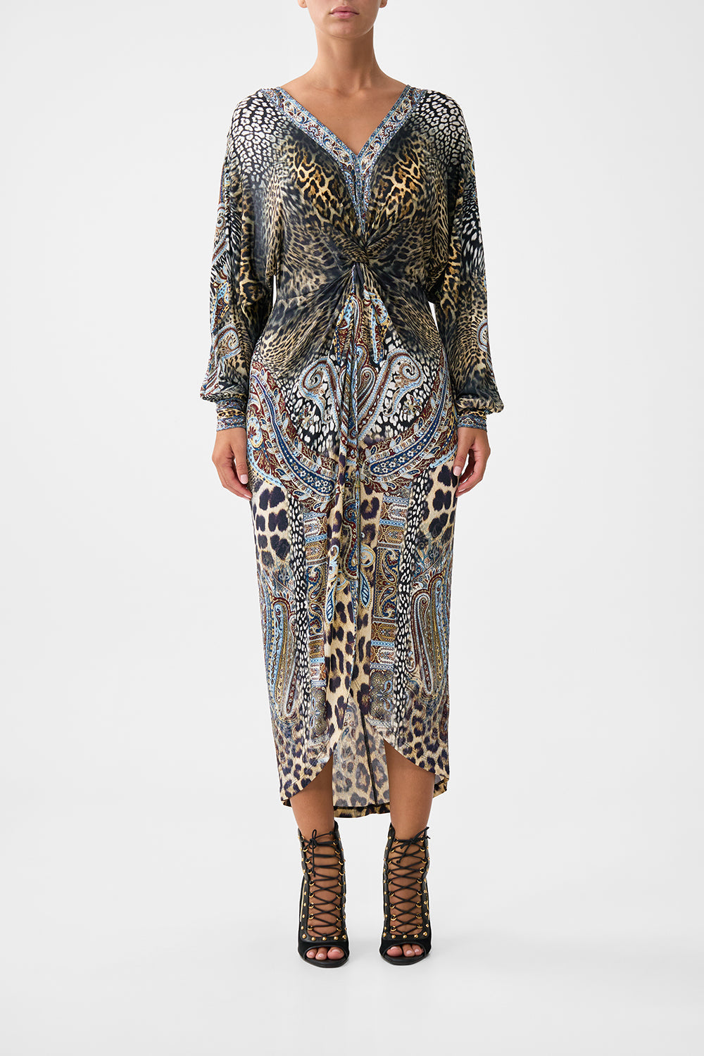 The CAMILLA MINI SHIRT DRESS WITH FEATHERS TILED IN TIME in our  print.