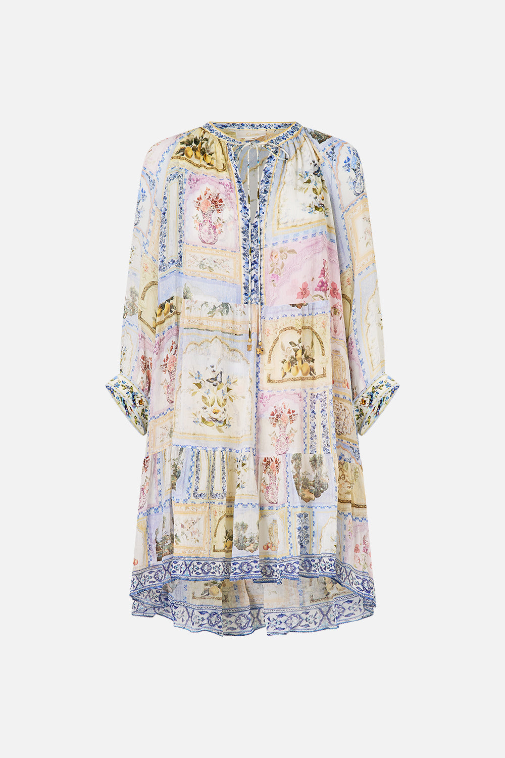 The CAMILLA BUTTON FRONT FRILL DRESS WATERCOLOUR WONDERLAND in our  print.