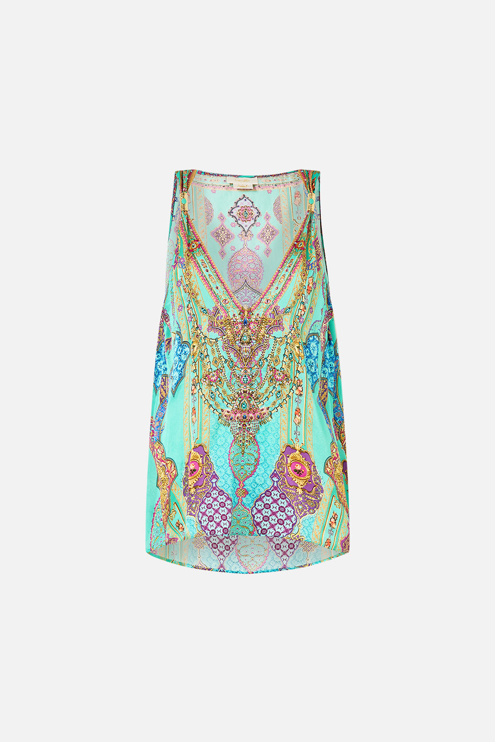 The CAMILLA PLUNGE NECK DRAPED SHOULDER DRESS NAZAR NIRVANA in our  print.