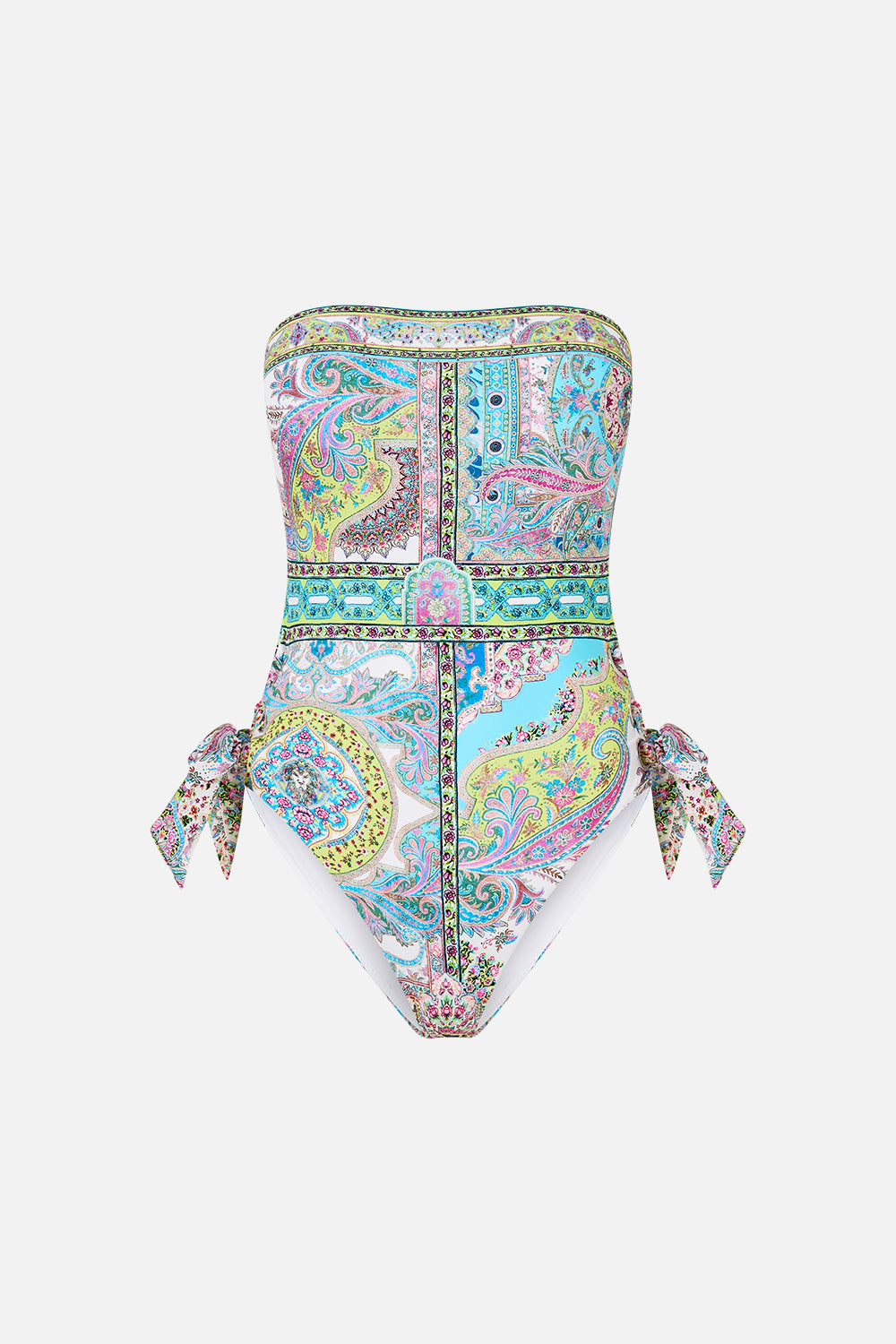 The CAMILLA DEEP V FRILL SHORT SLEEVE TOP A CERAMIC GARDEN in our  print.