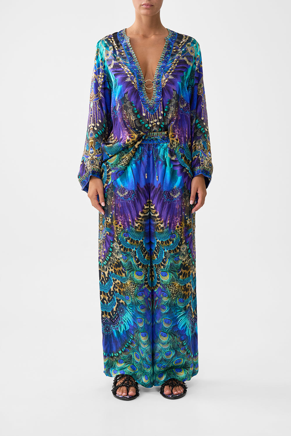The CAMILLA LEATHER JACKET WITH SLEEVE CUT OUT DETAIL OTTOMAN ELEGANCE in our  print.