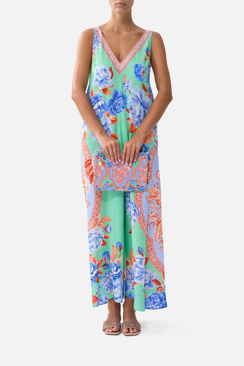 The CAMILLA PLUNGE NECK DRAPED SHOULDER DRESS THE IMPERIAL GATE in our  print.