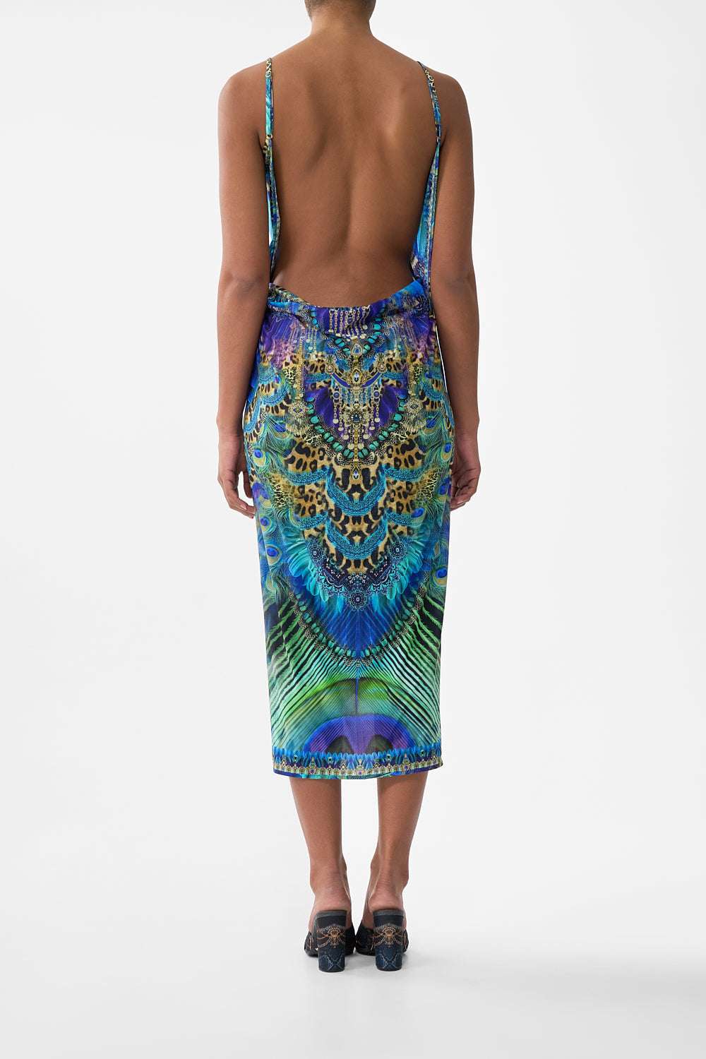 WRAP FRONT BACKLESS BEACH MIDI DRESS WITH TRIMS COSMIC ZOOLOGY