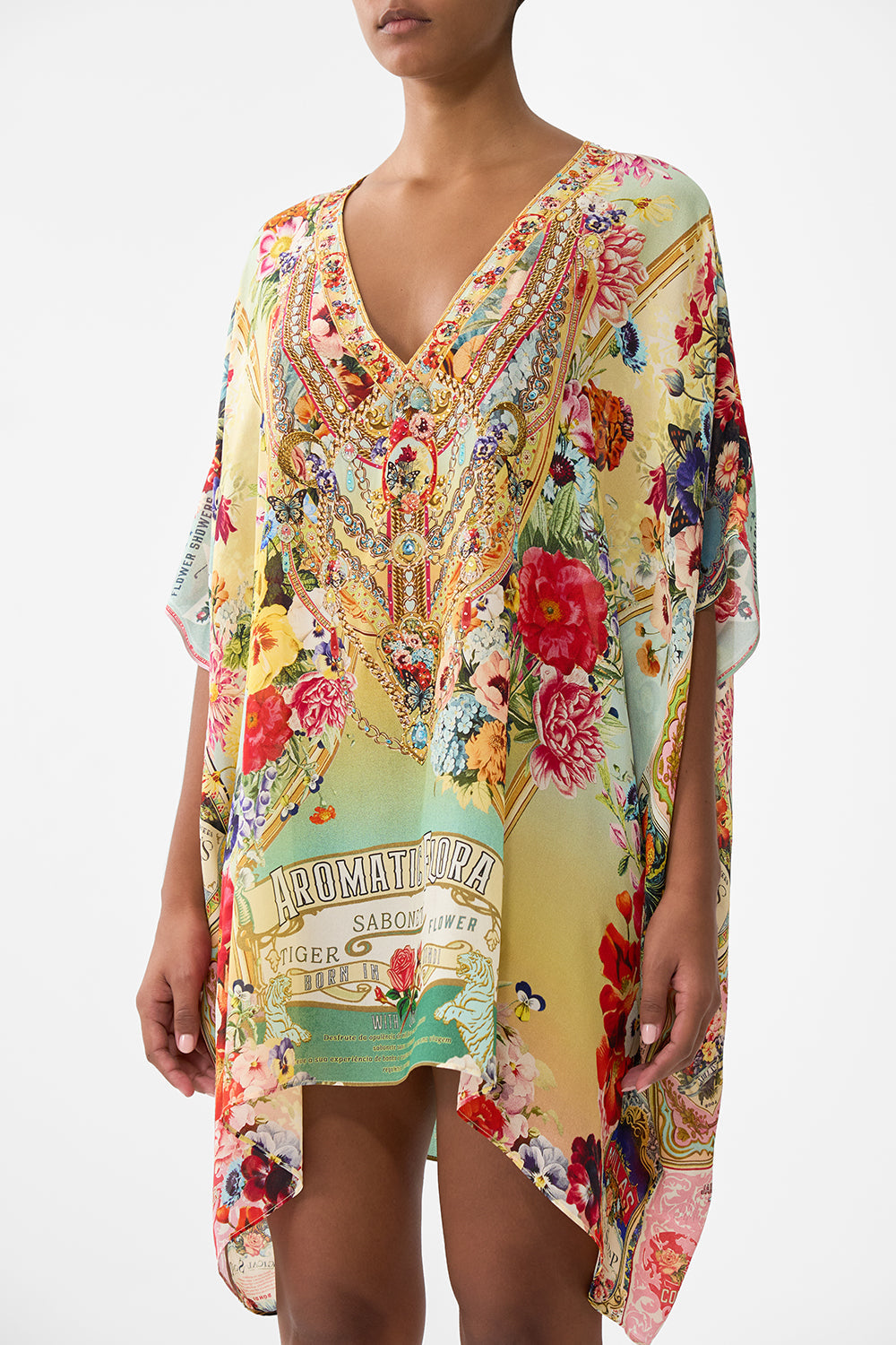 The CAMILLA Rectangular V Neck Kaftan in our Aromatic Tiger Flower print.