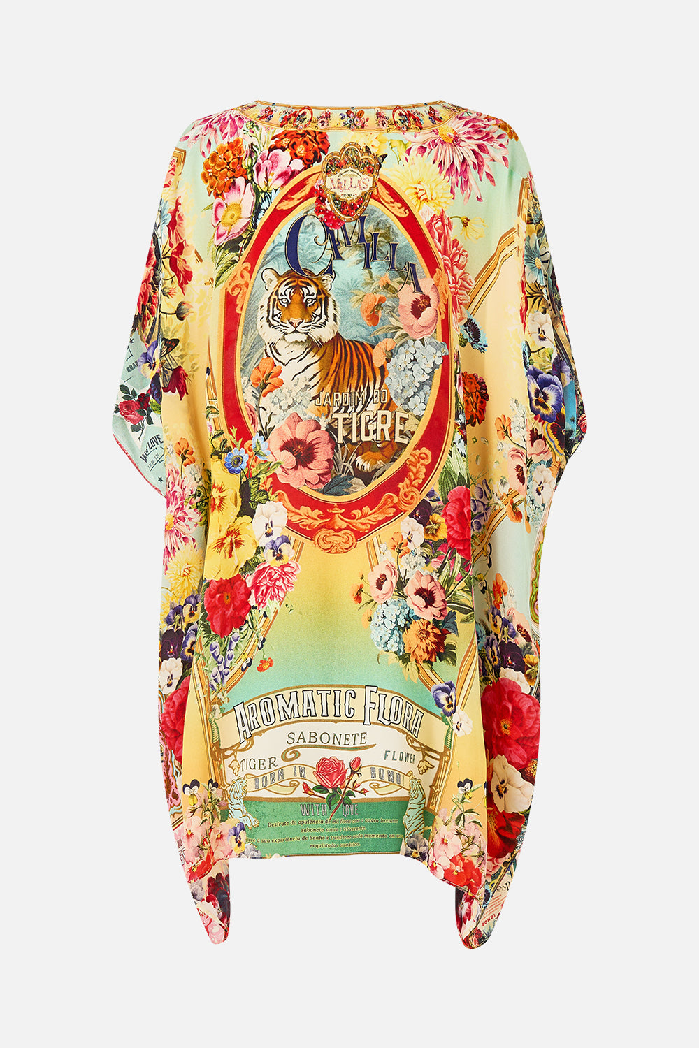 The CAMILLA Rectangular V Neck Kaftan in our Aromatic Tiger Flower print.