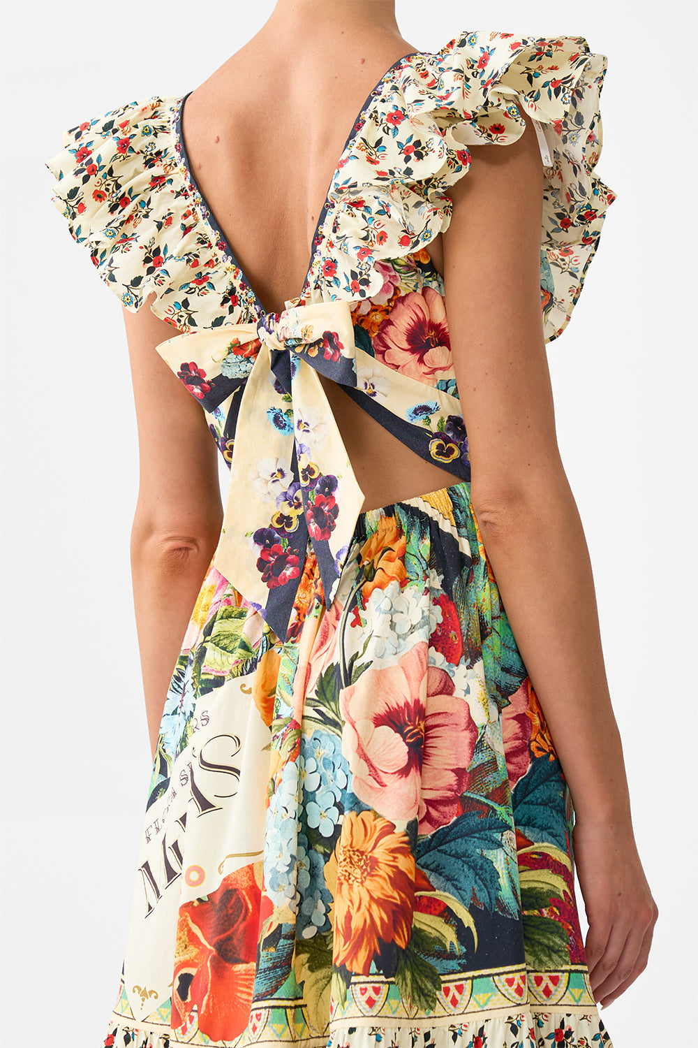 The CAMILLA Tiered Dress With Neck Frill in our Aromatic Amor print.