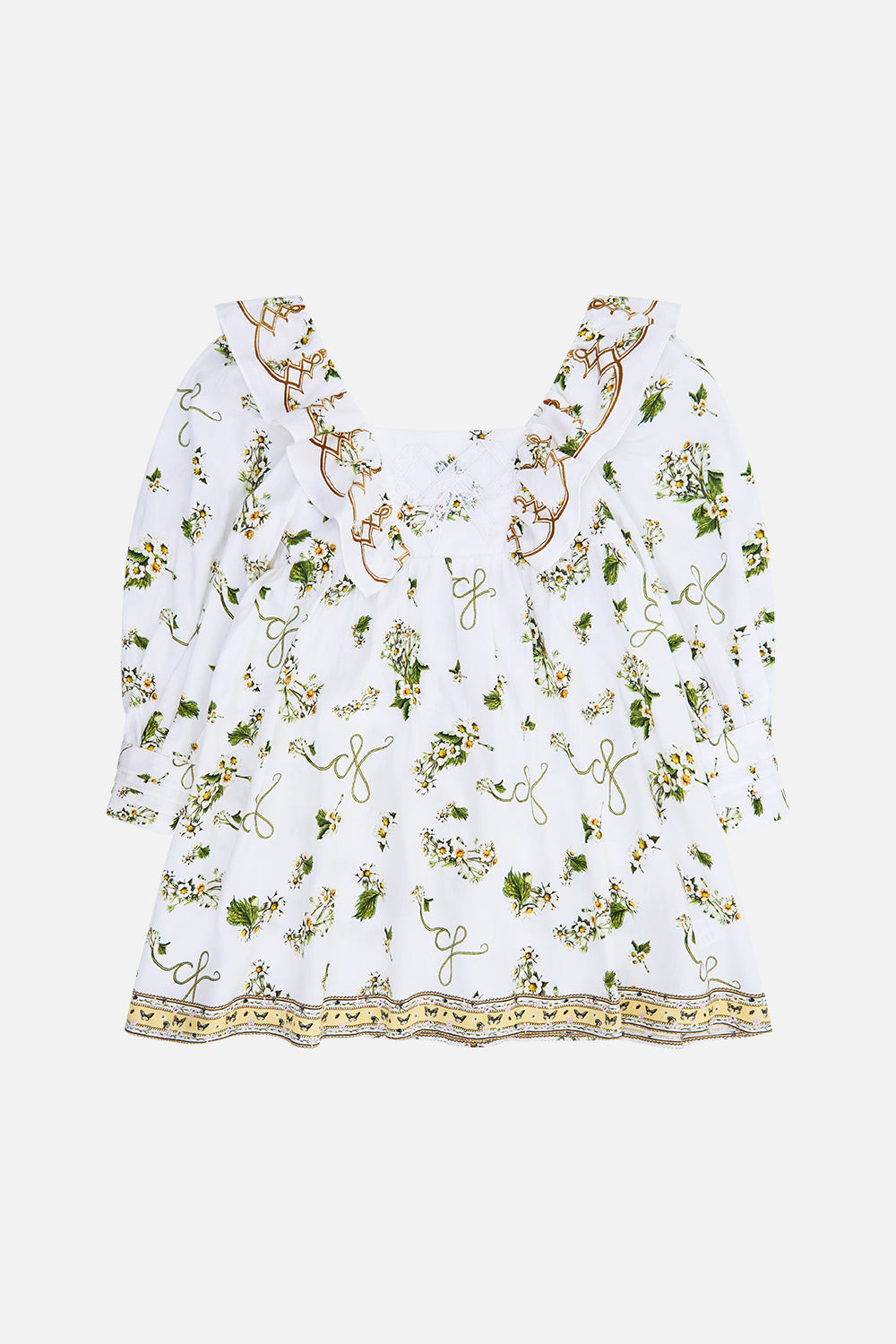 The CAMILLA Kids Long Puff Sleeve Frill Mini Dress 4-10 in our Daisy Chains print.