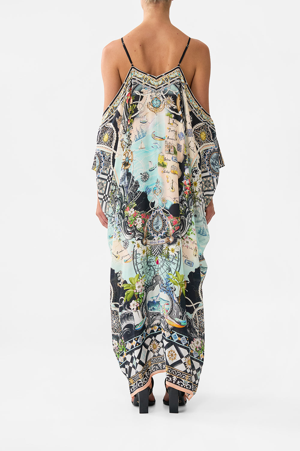 The CAMILLA Drop Shoulder Strap Kaftan in our Folk Afloat print.