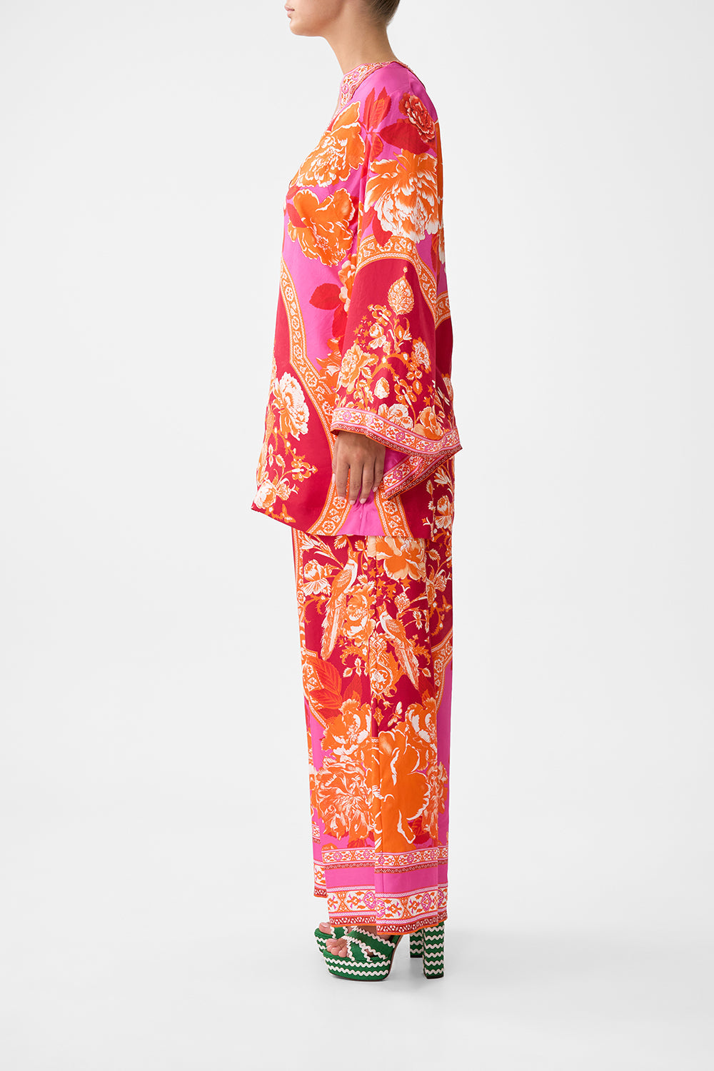 The CAMILLA FLARED SLEEVE DRESS BAZAAR BLOOMS in our  print.