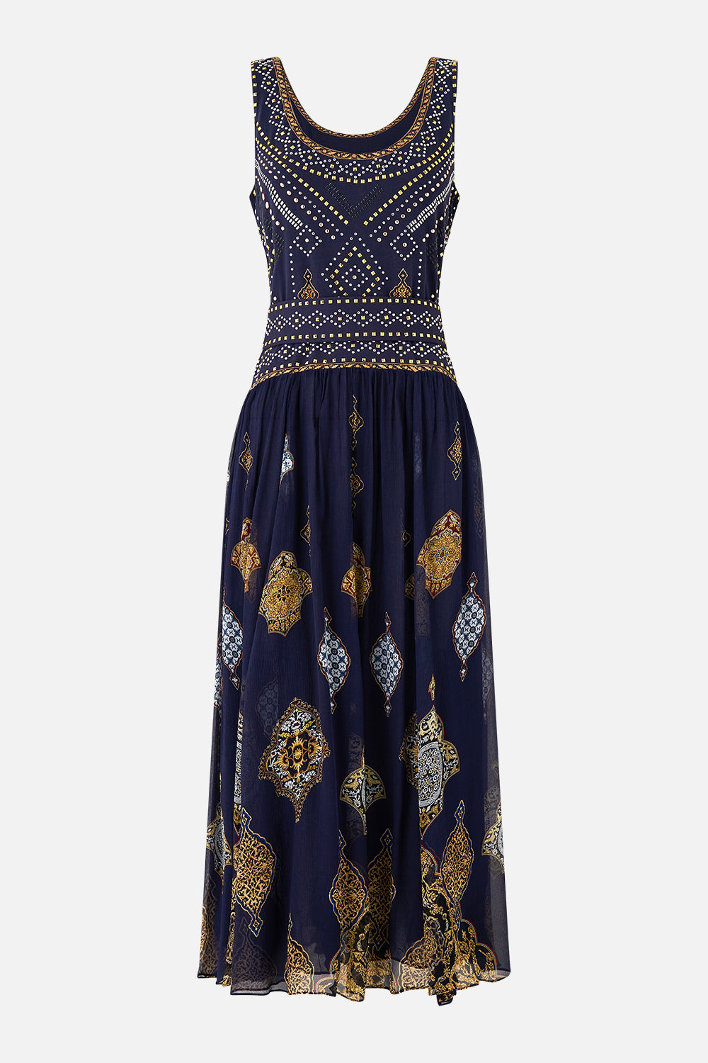 The CAMILLA ONE SHOULDER KAFTAN WITH NECKBAND THE CONCUBINES CORRIDOR in our  print.